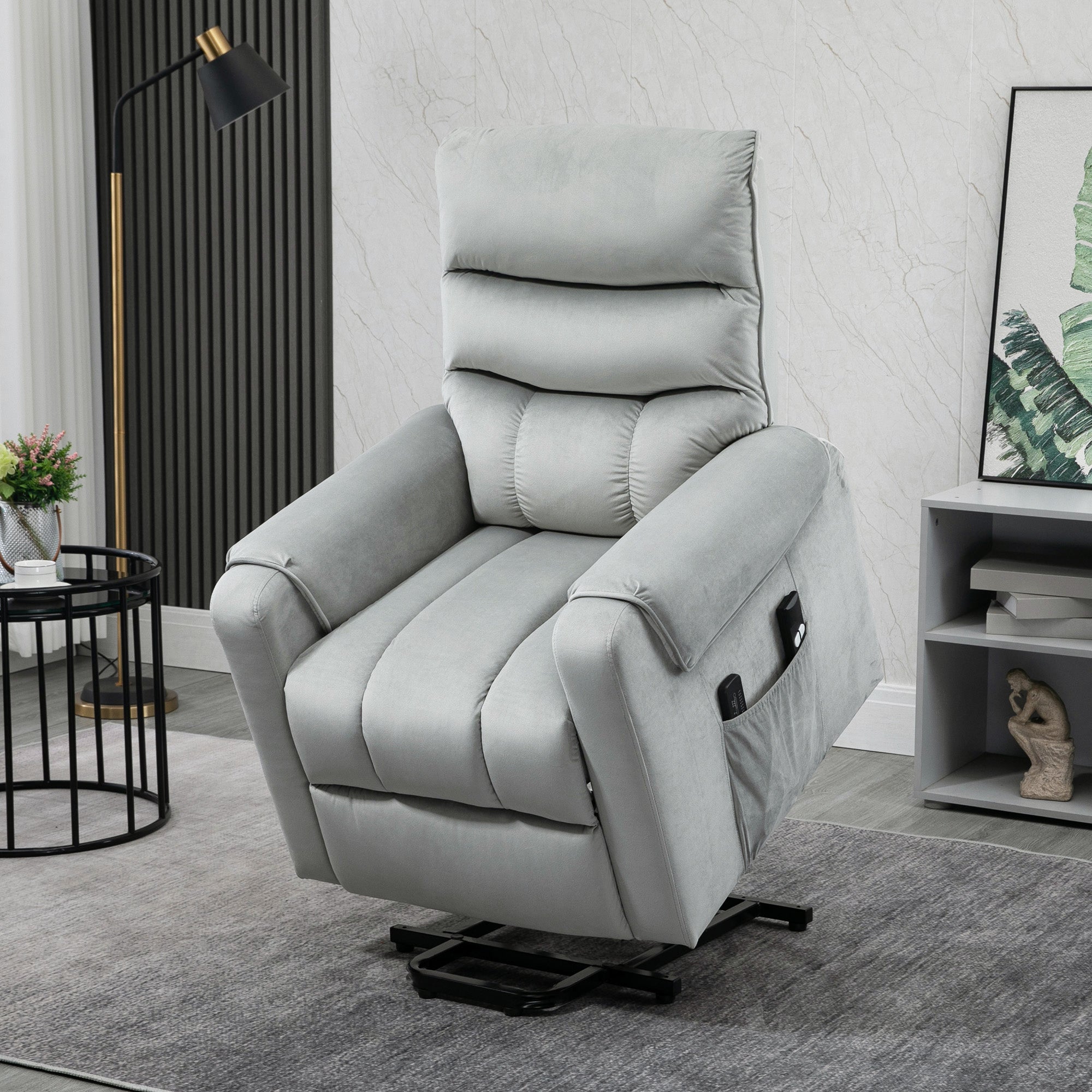 HOMCOM Recliner Electric Power Lift Chair for Elderly with 8 Vibration Massage Points, Upholstered Reclining Chair with Remote Controls, Side Pockets, Grey