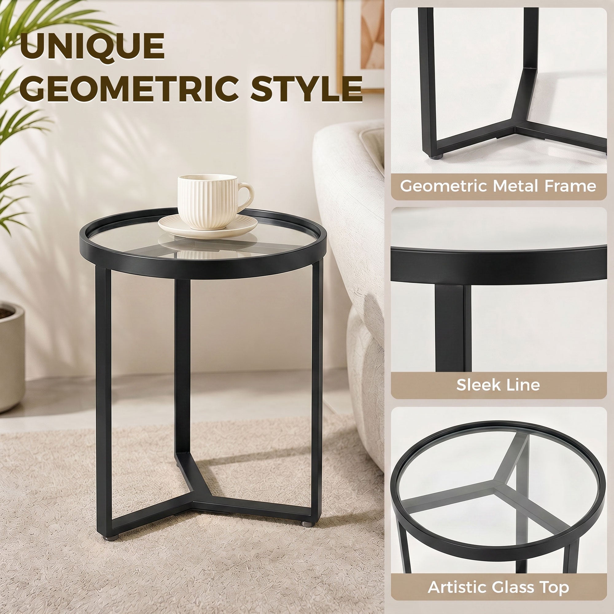 Round Side Table with Tempered Glass Top, Modern End Table with Geometric Metal Frame for Small Space, Living Room and Bedroom, Black