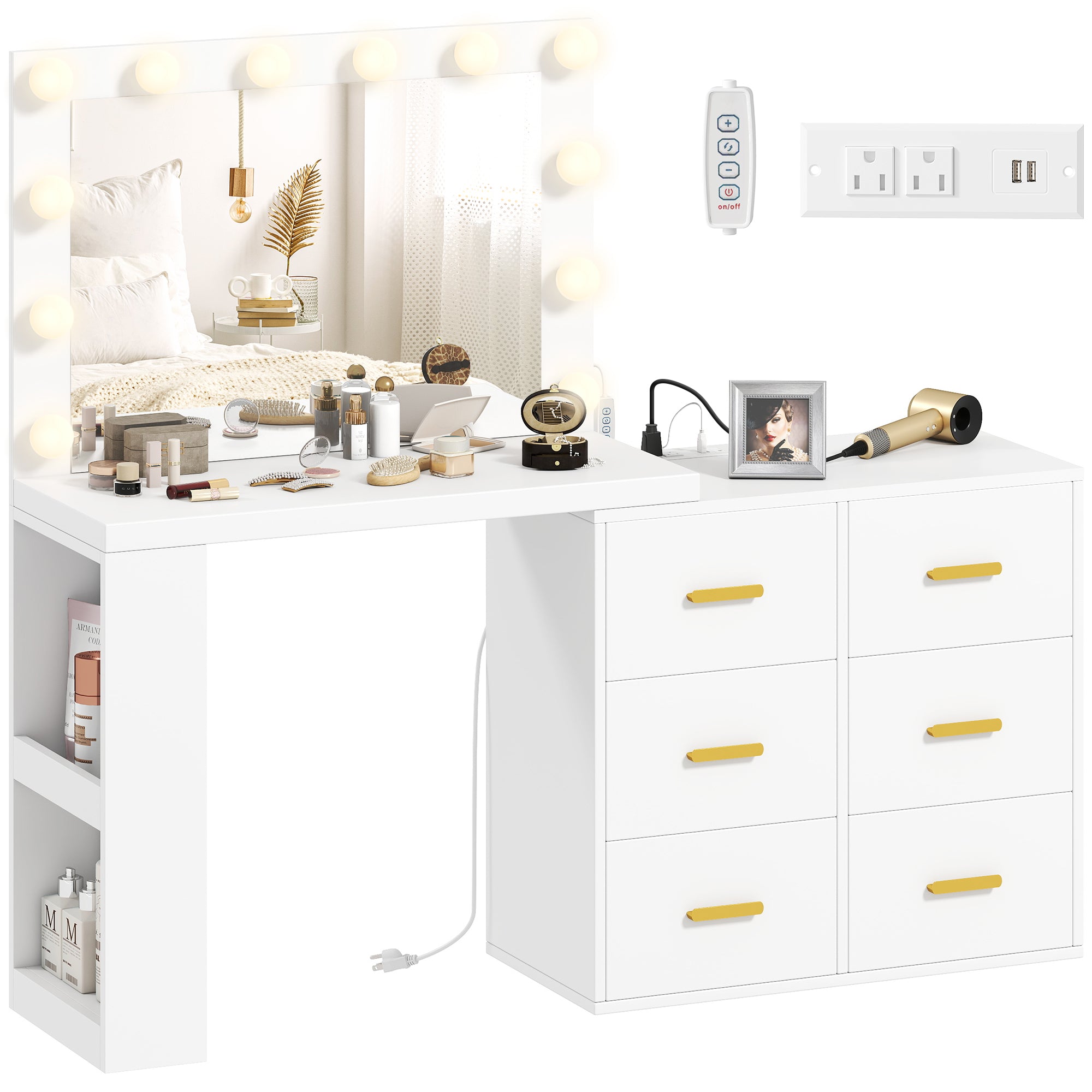 Vanity Desk with Mirror and 12 LED Lights, Makeup Table with Power Outlet, 3 Light Colour, 6 Drawers and 2 Open Shelves, Dressing Table for Bedroom, Dressing Room, White