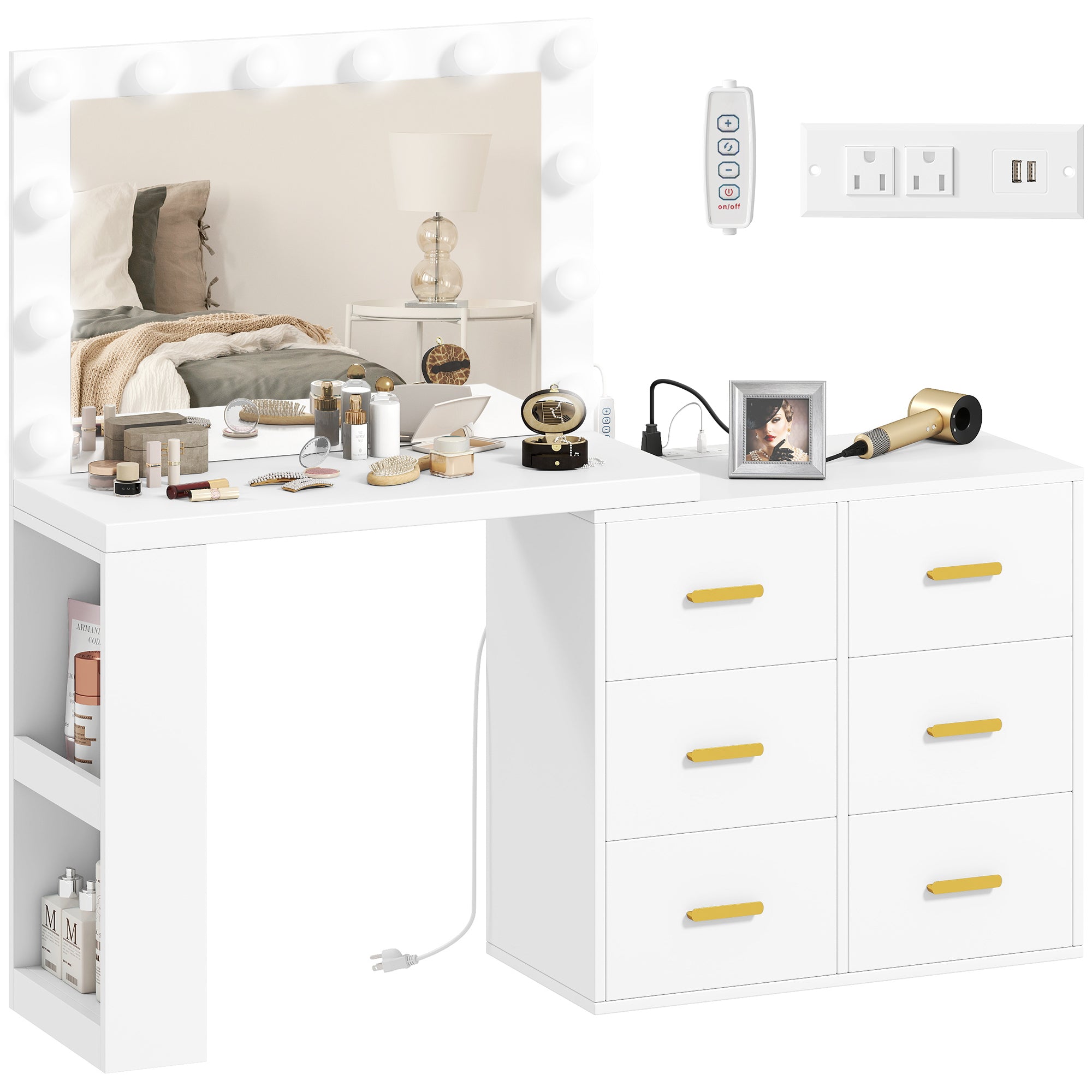 Vanity Desk with Mirror and 12 LED Lights, Makeup Table with Power Outlet, 3 Light Colour, 6 Drawers and 2 Open Shelves, Dressing Table for Bedroom, Dressing Room, White