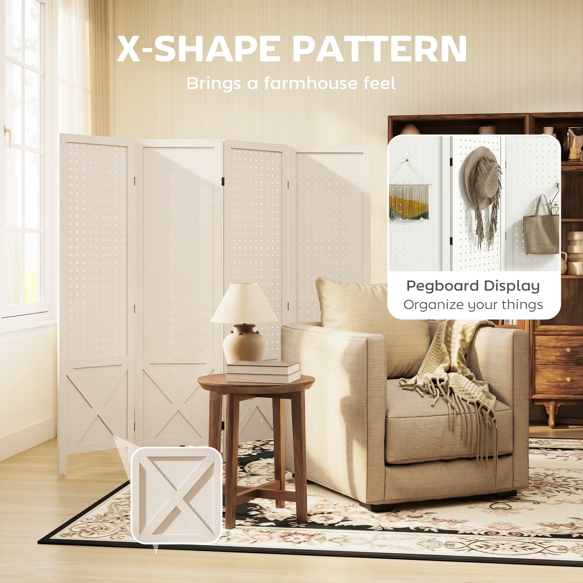 4 Panel Pegboard Display Room Divider, 56.9" Tall Wood Indoor Portable Folding Privacy Screen, Partition Wall Divider for Bedroom, White