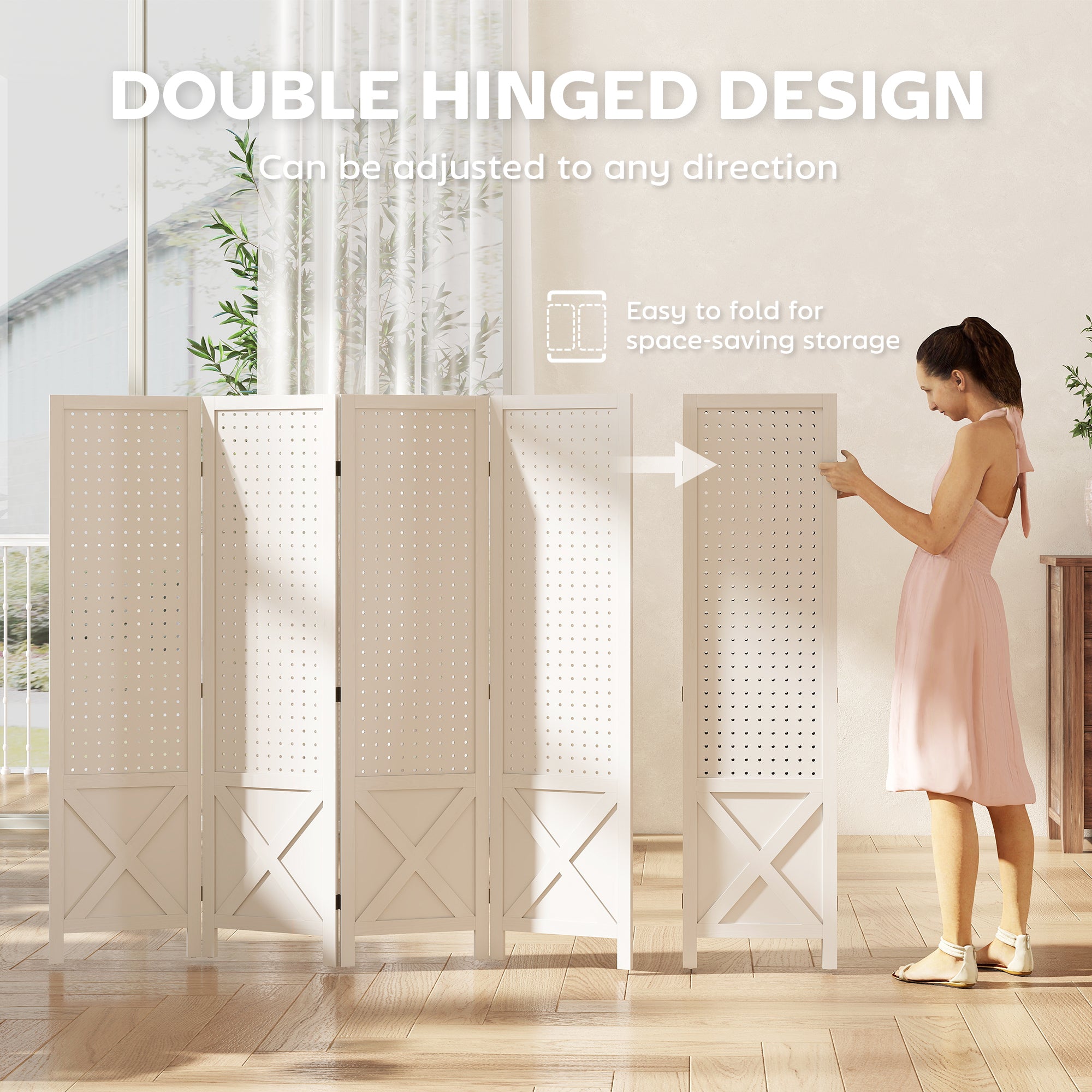 4 Panel Pegboard Display Room Divider, 56.9" Tall Wood Indoor Portable Folding Privacy Screen, Partition Wall Divider for Bedroom, White