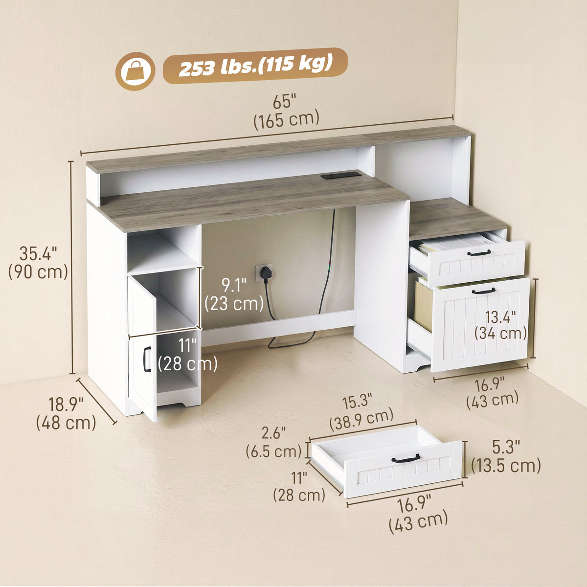 Farmhouse Computer Desk with Drawers, 65" Home Office Desk with Power Outlets, Storage Cabinet, Printer Stand, Monitor Stand, Adjustable Hanging Bar, Grey Brown and White