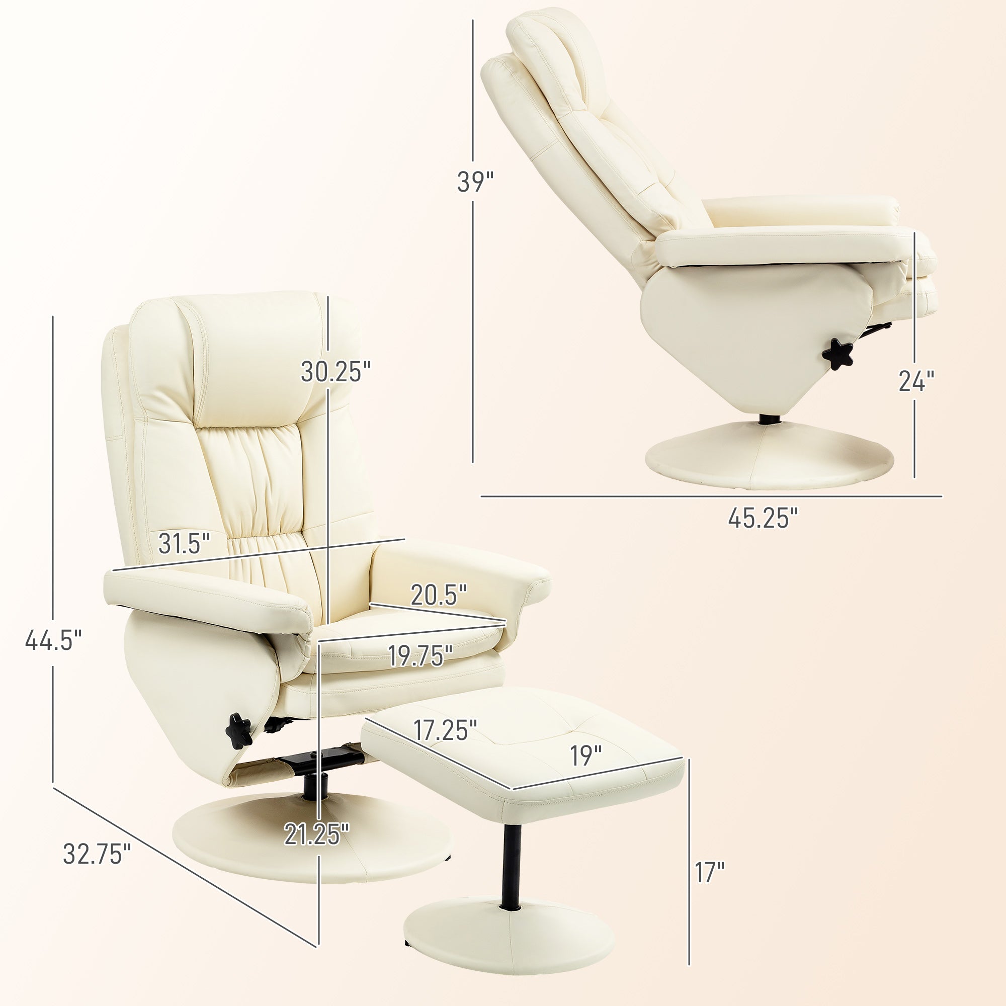 PU Leather Recliner Chair w/ Ottoman, Swivel Recliner w/ Round Wrapped Base, Cream White