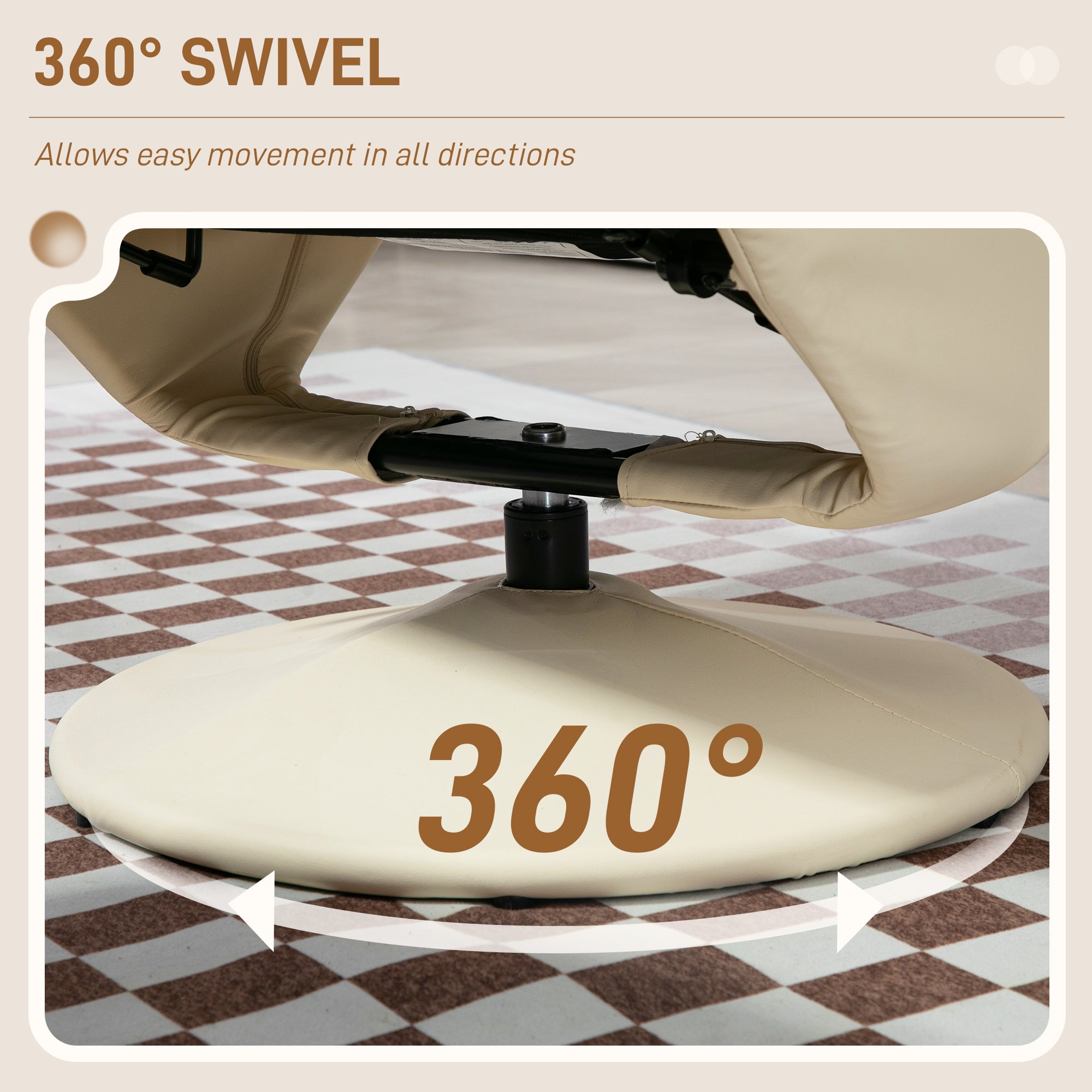 PU Leather Recliner Chair w/ Ottoman, Swivel Recliner w/ Round Wrapped Base, Cream White