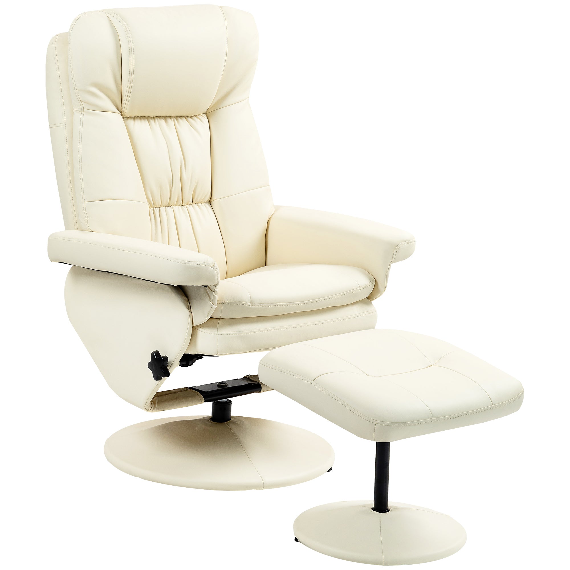 PU Leather Recliner Chair w/ Ottoman, Swivel Recliner w/ Round Wrapped Base, Cream White
