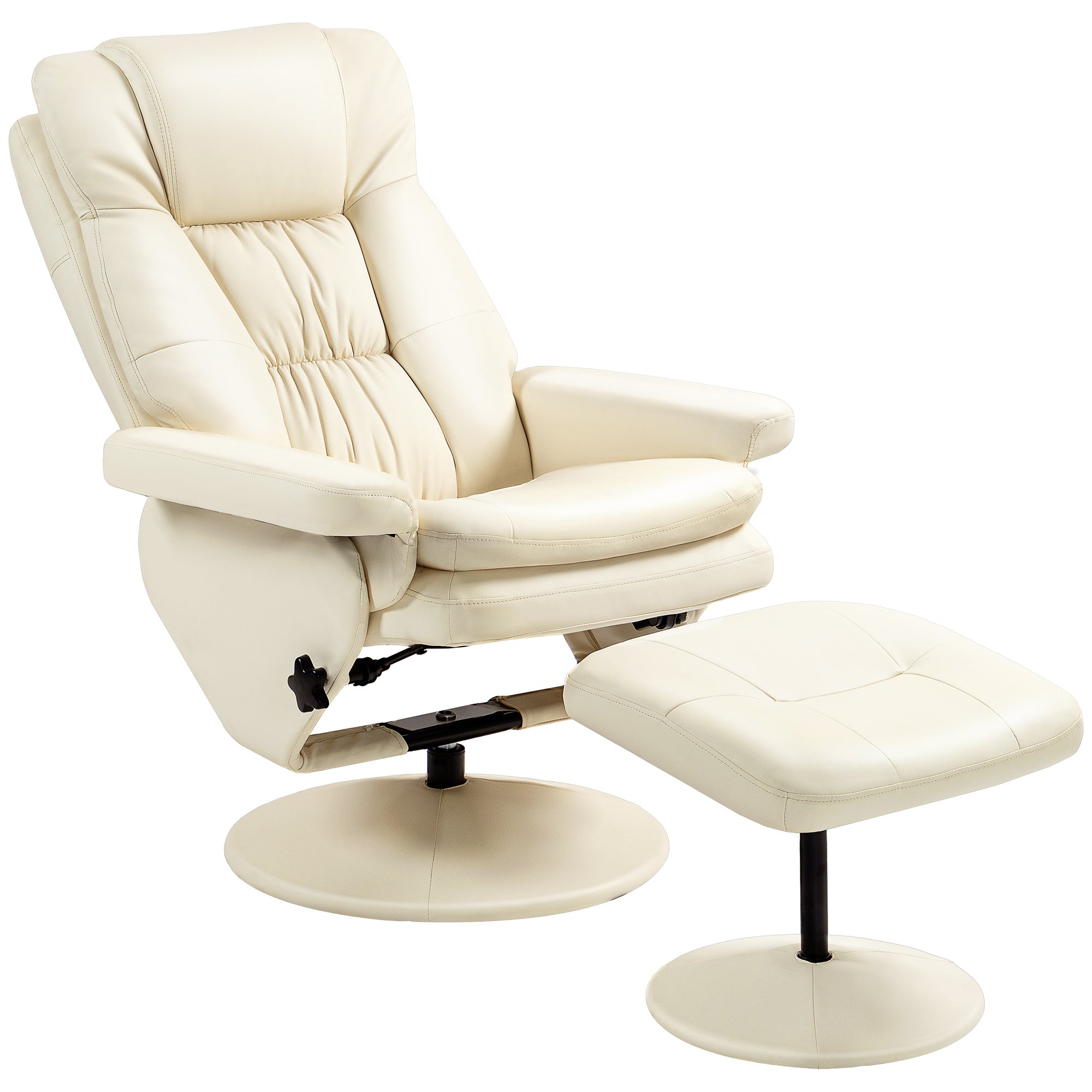 PU Leather Recliner Chair w/ Ottoman, Swivel Recliner w/ Round Wrapped Base, Cream White