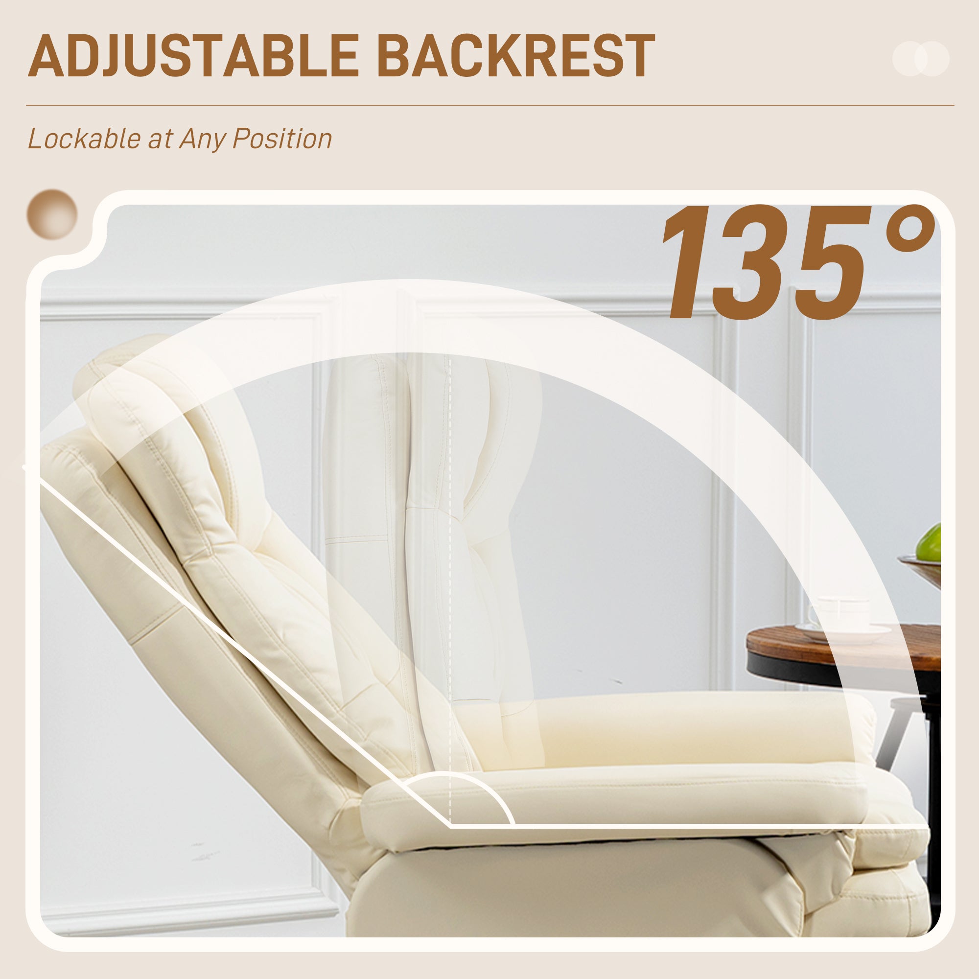 PU Leather Recliner Chair w/ Ottoman, Swivel Recliner w/ Round Wrapped Base, Cream White