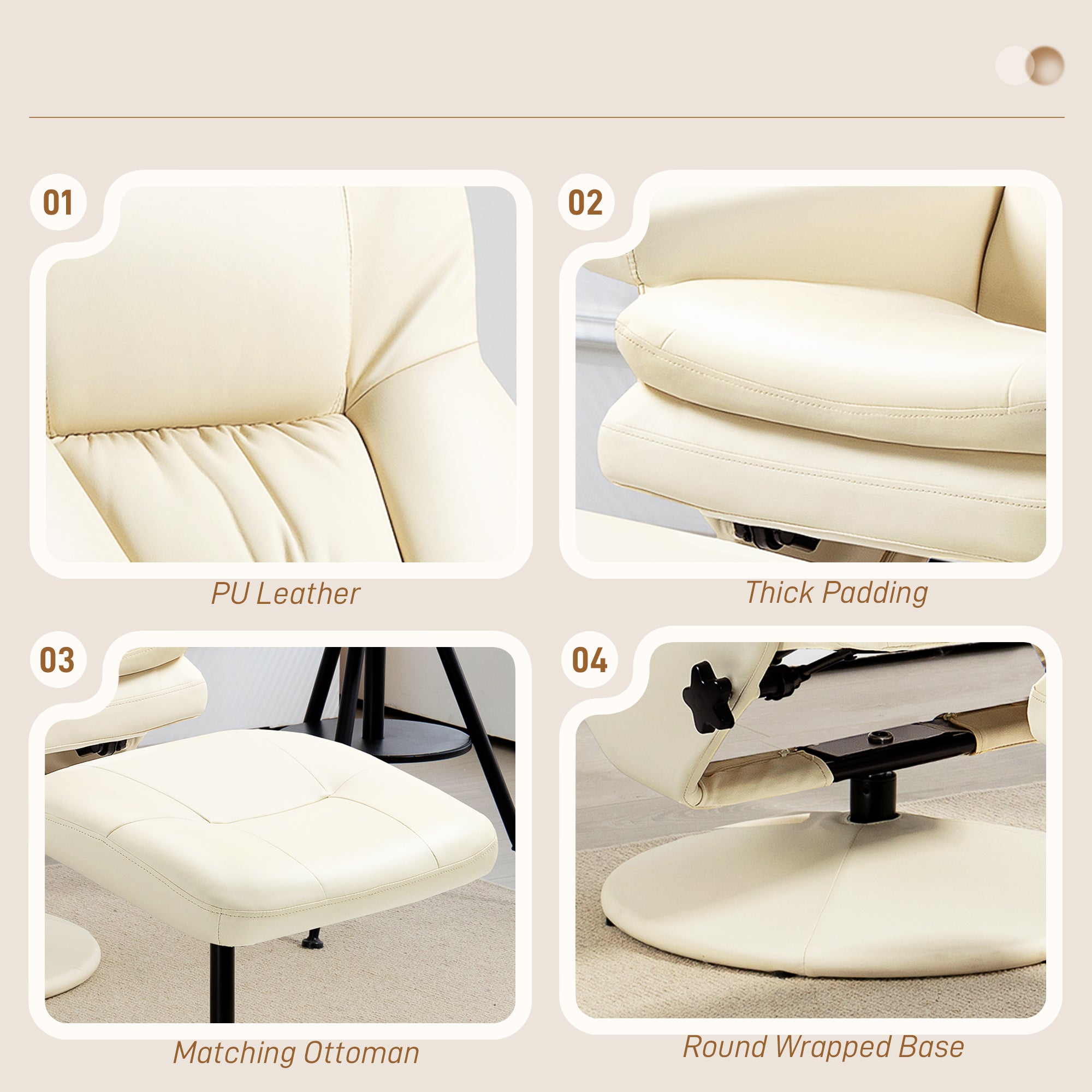 PU Leather Recliner Chair w/ Ottoman, Swivel Recliner w/ Round Wrapped Base, Cream White