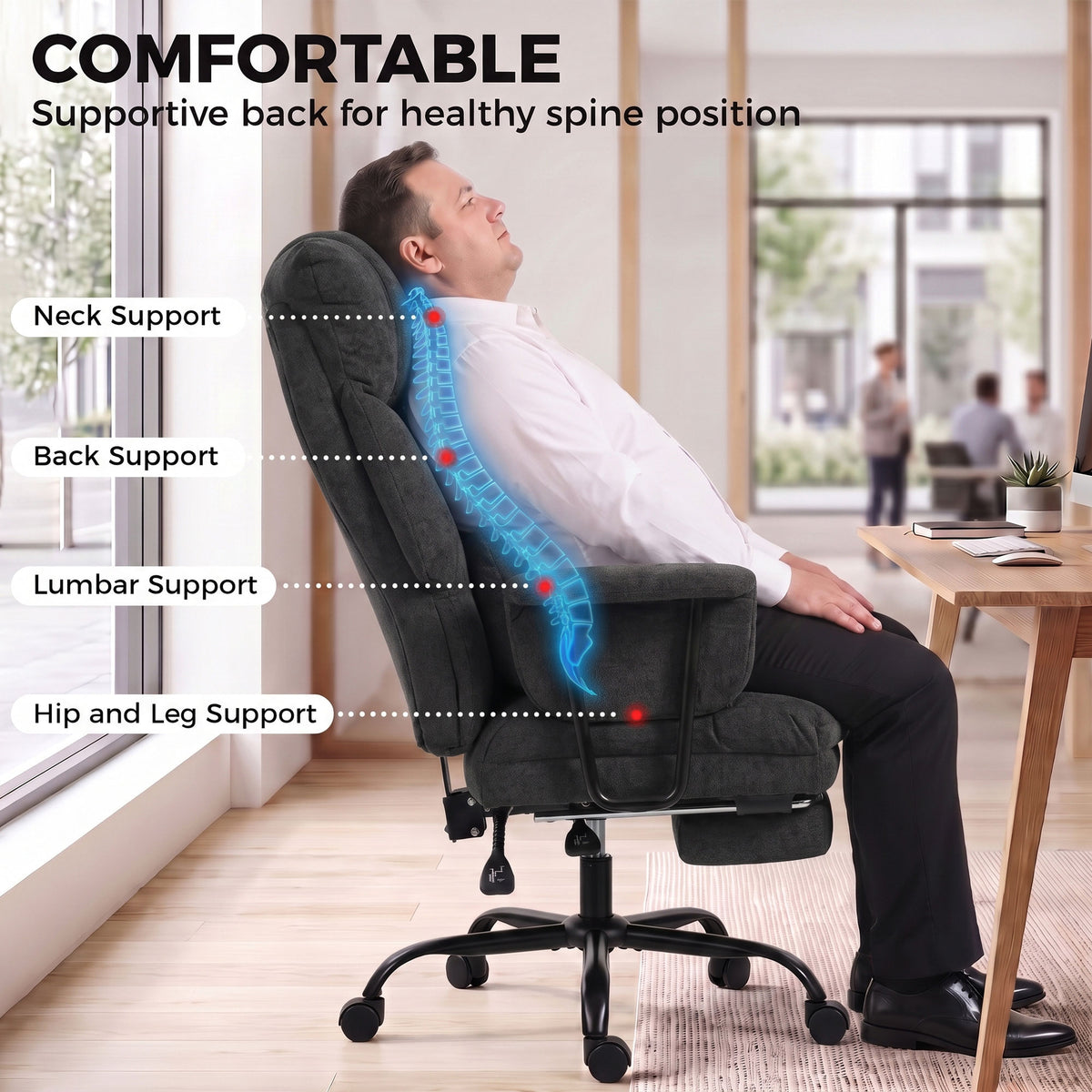 Office Chair, 180kg Heavy Duty Linen Computer Desk Chair with Lumbar Support, Wide Seat, Spring Cushion, Reclining Backrest, Footrest, Swivel Wheels, Black