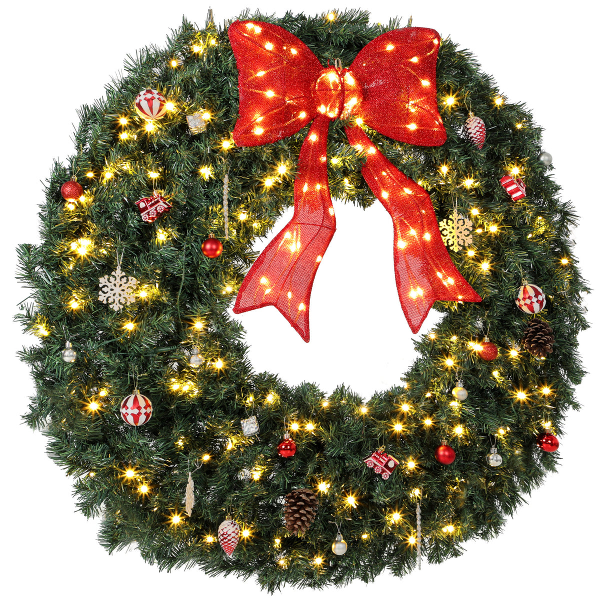 48 Inch Pre-Lit Christmas Wreath for Front Door with 200 LED Lights, Lighted Bow and 31 Ornament Set, Artificial Xmas Wreath for Covered Porch, Wall Decoration, Green