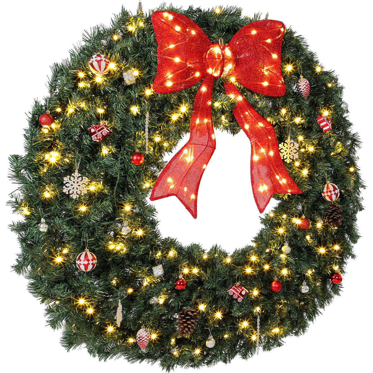 48 Inch Pre-Lit Christmas Wreath for Front Door with 200 LED Lights, Lighted Bow and 31 Ornament Set, Artificial Xmas Wreath for Covered Porch, Wall Decoration, Green