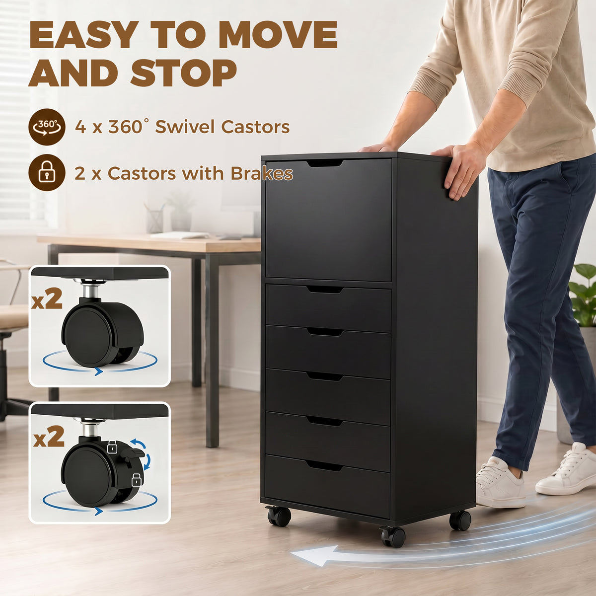 5 Drawer Vertical File Cabinet with Lockable Wheels and Soft-Close Cabinet, Mobile Filing Cabinet for Home Office, Rolling Printer Stand for A4 Letter-Size Documents, Black