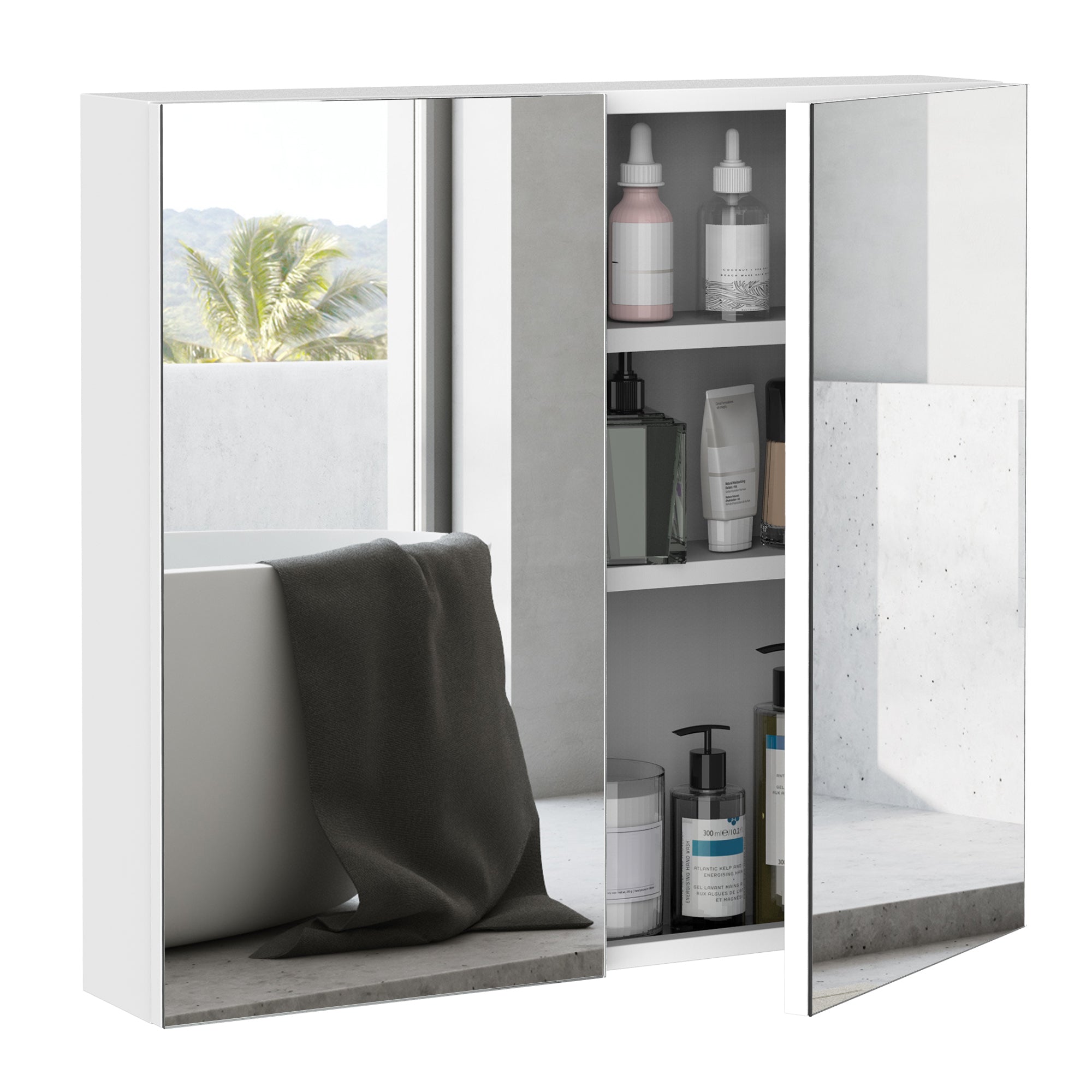 kleankin Bathroom Mirror Cabinet, 24" x 22" Metal Medicine Cabinet, Wall-Mounted Bathroom Cabinet with Double Doors, White