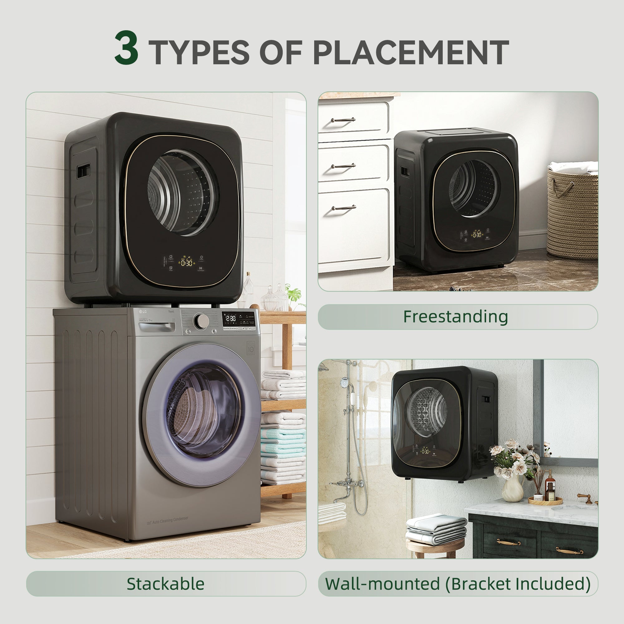 4kg Vented Tumble Dryer, 800W Compact Freestanding Front Tumble Dryer with 5 Drying Mode, Smart Sensor, Timer and Stainless Steel Tub, Wall-Mounted Portable Small Clothes Drying Machine, Black