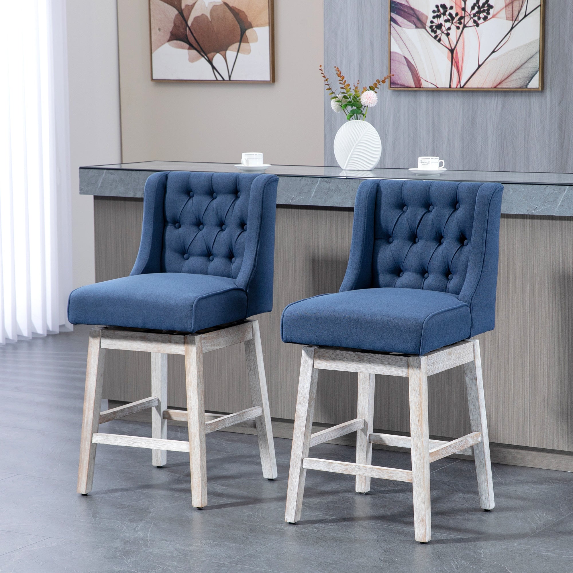 27" Counter Height Stools, Swivel, Linen Upholstery, Button Tufted, Blue