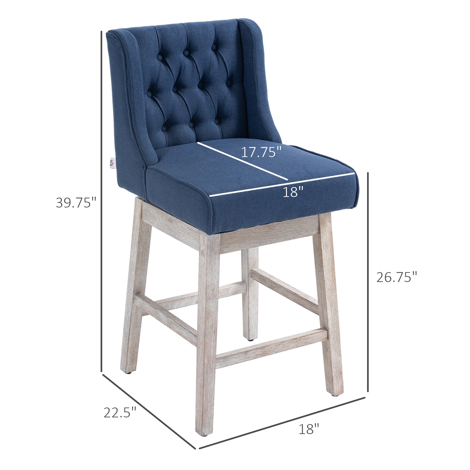 27" Counter Height Stools, Swivel, Linen Upholstery, Button Tufted, Blue