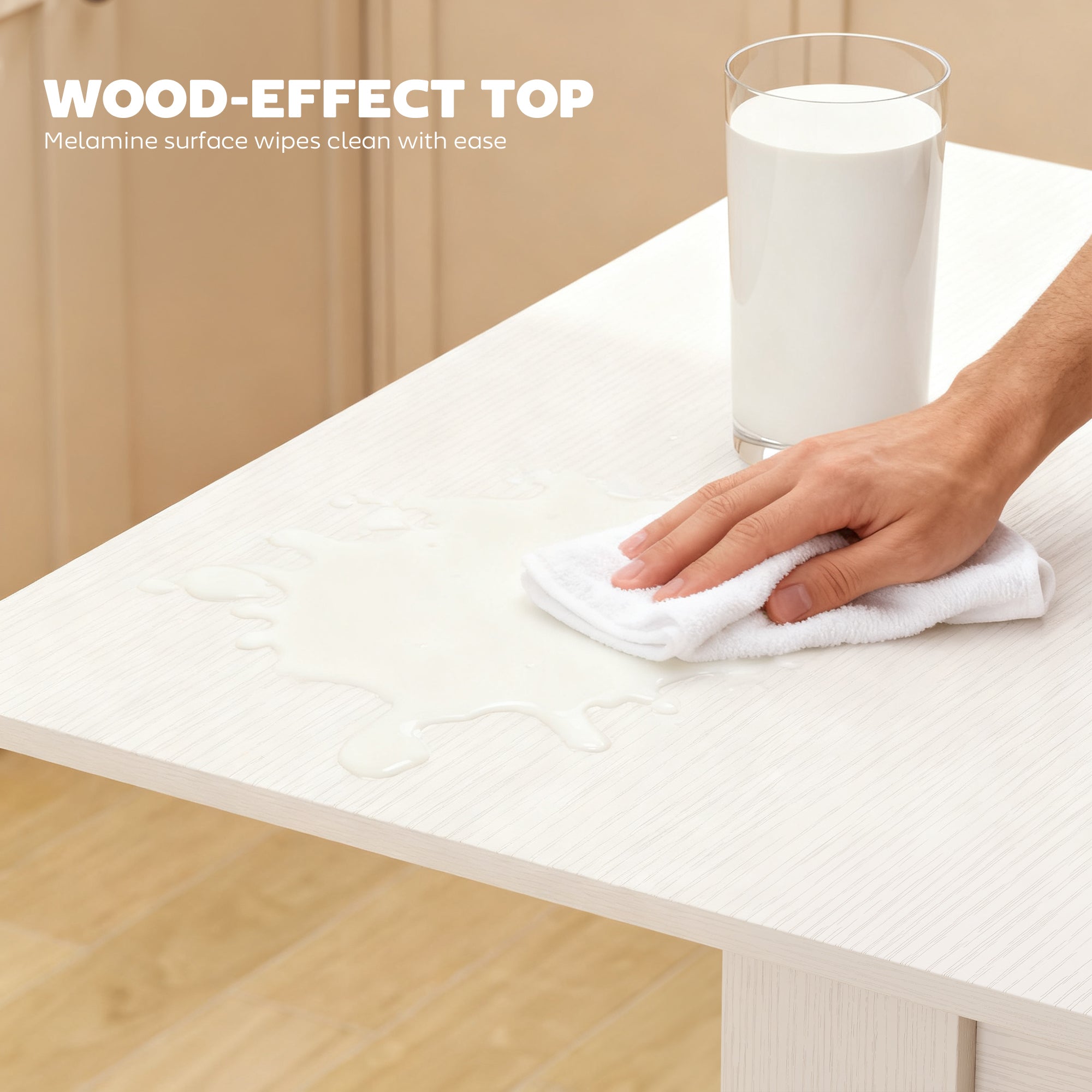 55" Extendable Dining Table for 4-6 Person, Rectangular Modern Kitchen Table with PU Handle and Felt Pads for Small Spaces, White Wood Effect