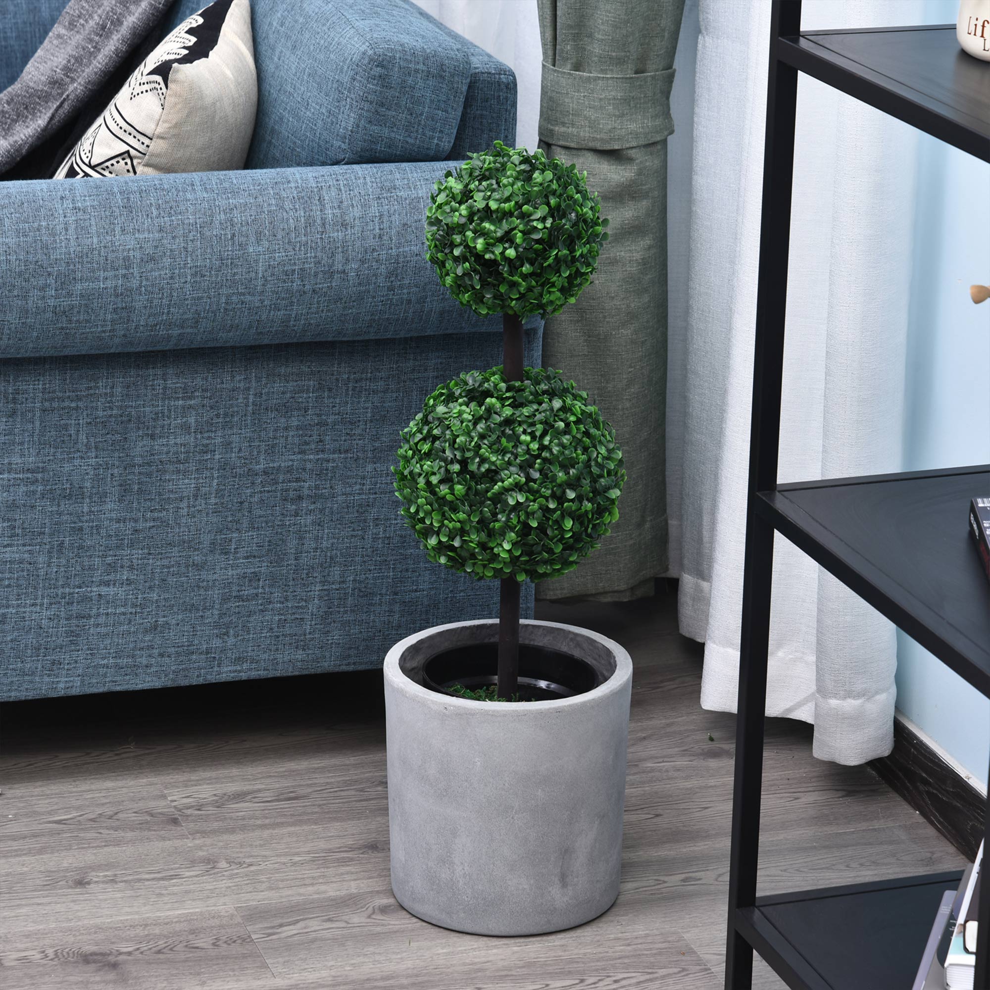 Boxwood Topiary Tree Set of 2, 2-Ball Artificial Plant, UV Resistant for Home Office, Living Room Decor, Dark Green