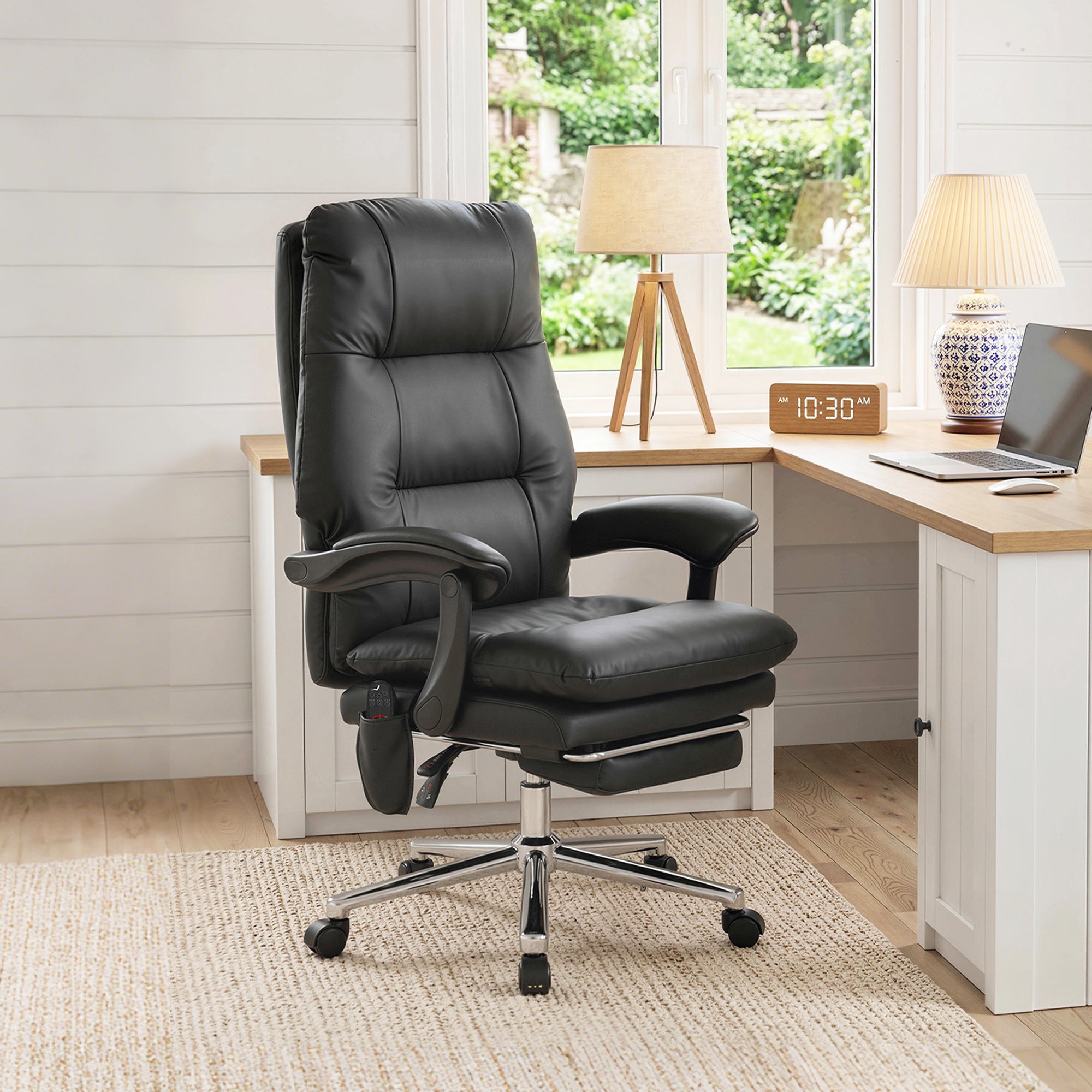 Massage Office Chair with 6-Point Vibration, Pet-Friendly Faux Leather Ergonomic Executive Desk Chair with Double-Layer Spring Cushions, Wide Seat, High Back, Reclining, Footrest, Black