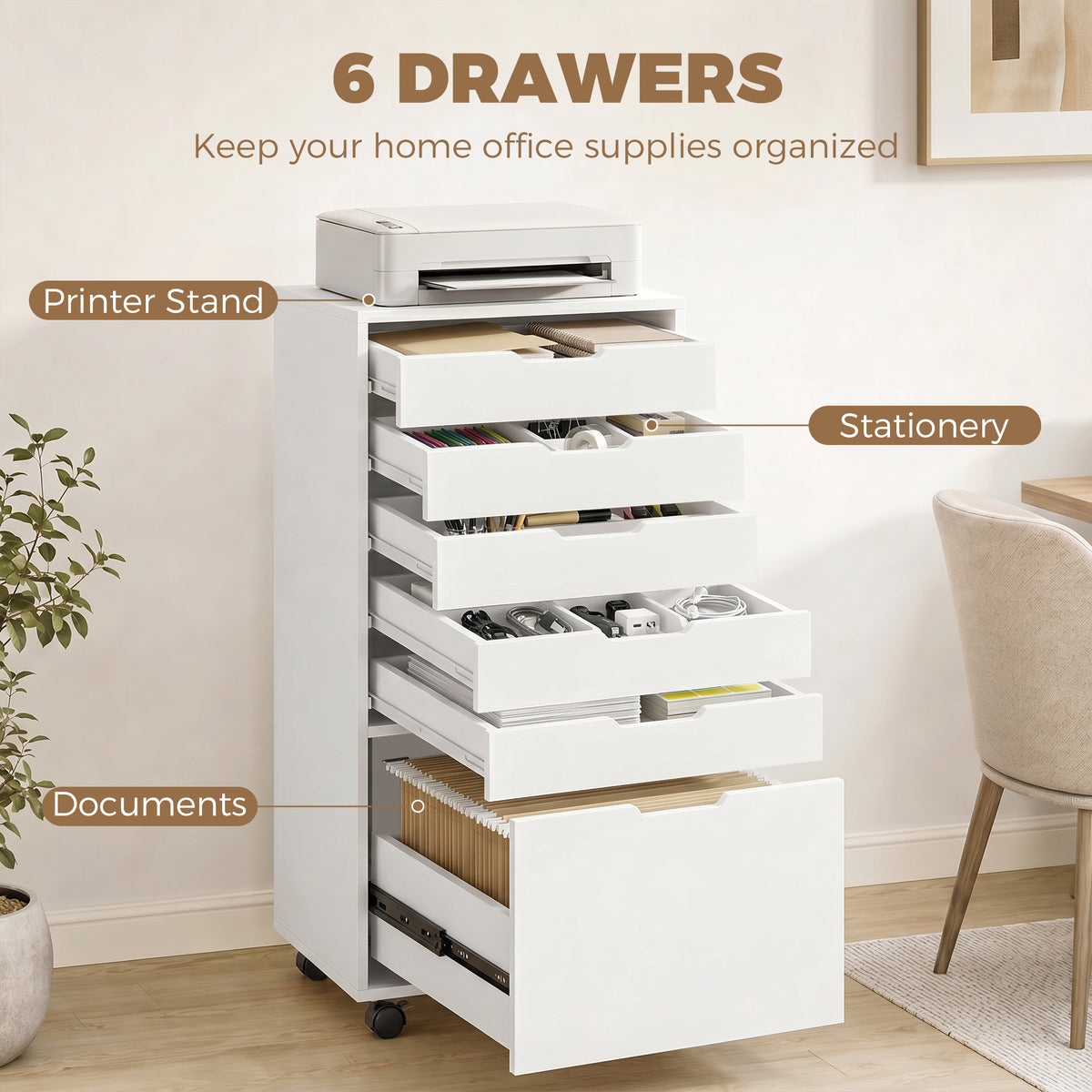 5 Drawer Vertical File Cabinet with Lockable Wheels, Filing Cabinet for Home Office, Printer Stand with Adjustable Hanging Bars For A4, Letter, legal File Folders, White