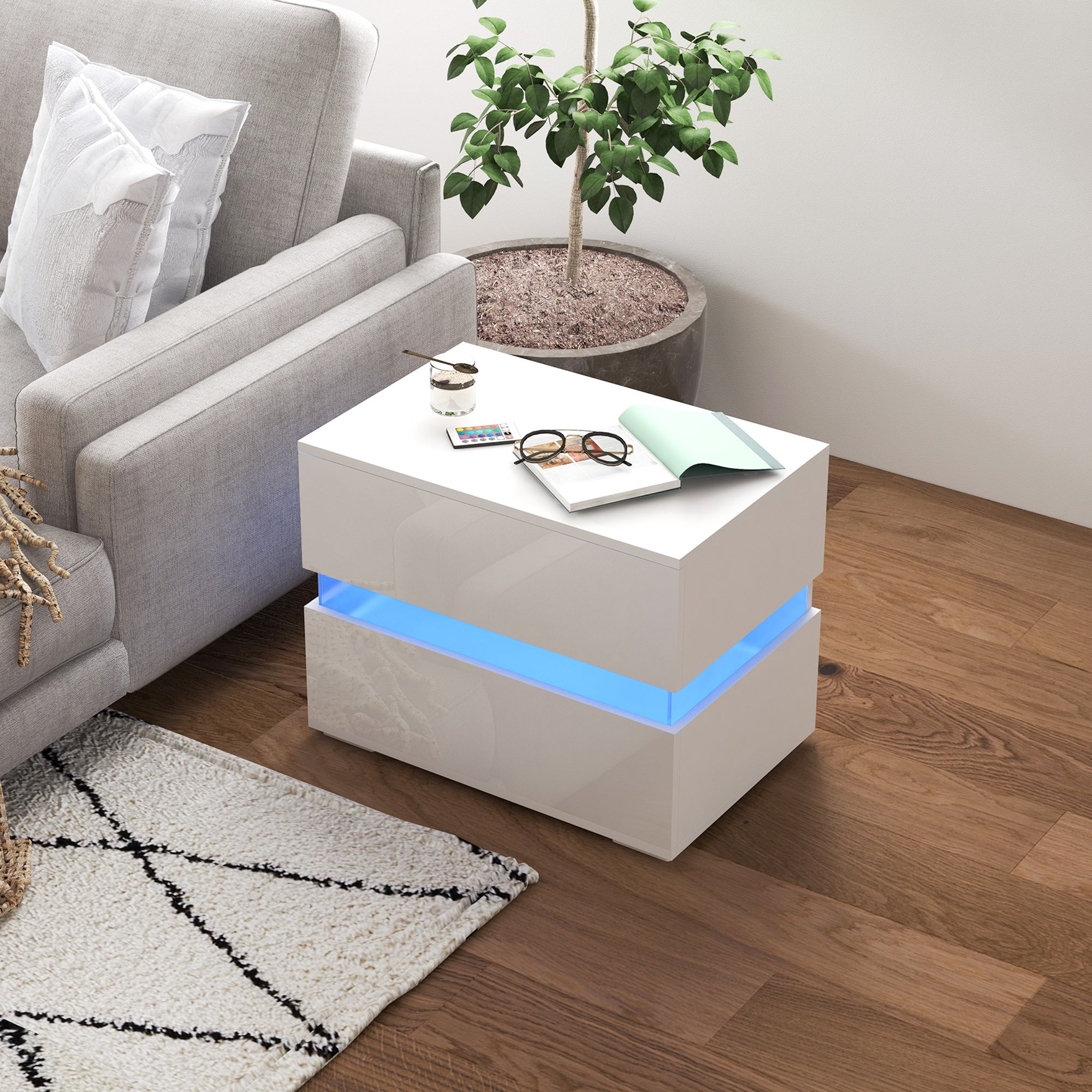 HOMCOM LED Nightstand with 2 Drawers, Bedside Table with 16 Colour, 4 Modes and Adjustable Brightness RGB LED Lights, Remote, White