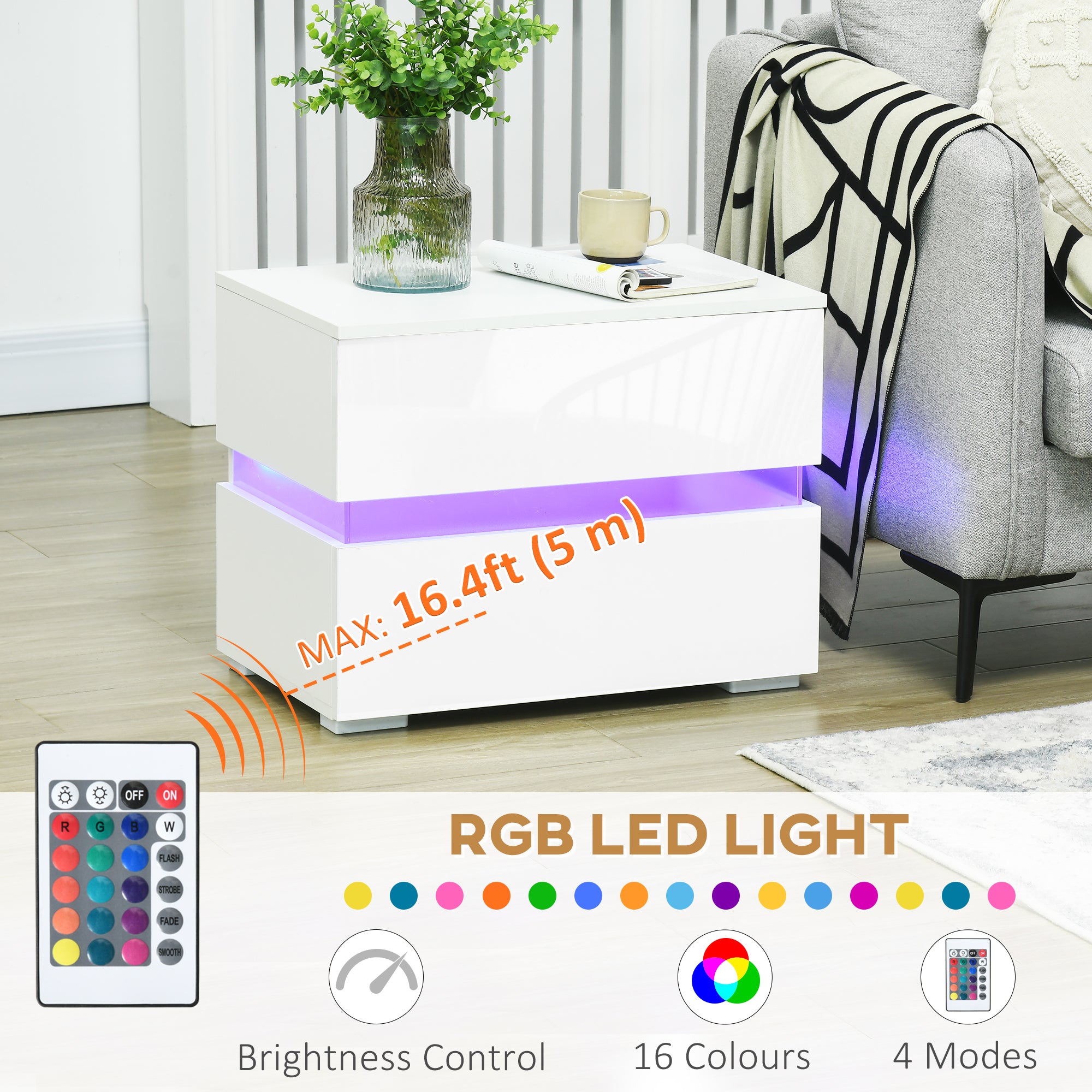 HOMCOM LED Nightstand with 2 Drawers, Bedside Table with 16 Colour, 4 Modes and Adjustable Brightness RGB LED Lights, Remote, White