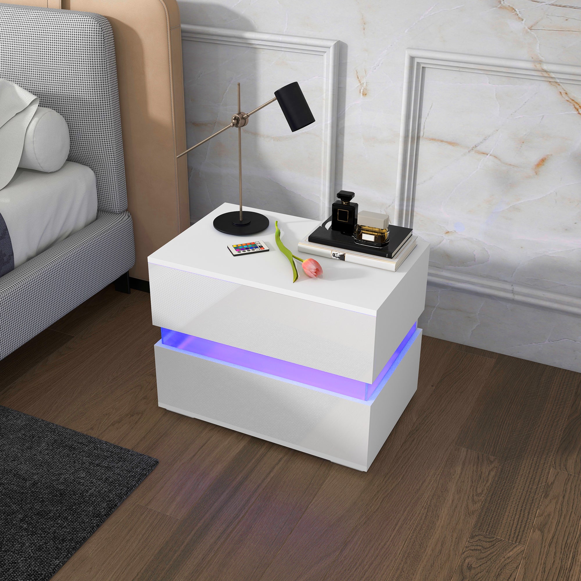 HOMCOM LED Nightstand with 2 Drawers, Bedside Table with 16 Colour, 4 Modes and Adjustable Brightness RGB LED Lights, Remote, White