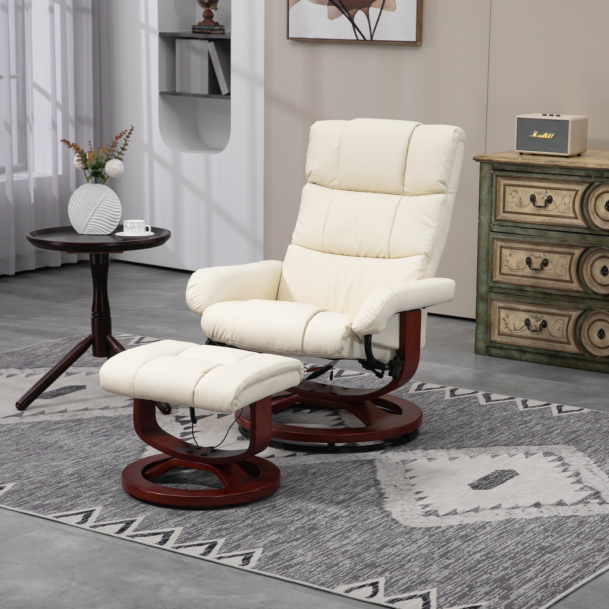 10 Points Massage Recliner Chair with Ottoman, Faux Leather Swivel Recliner, Cream White
