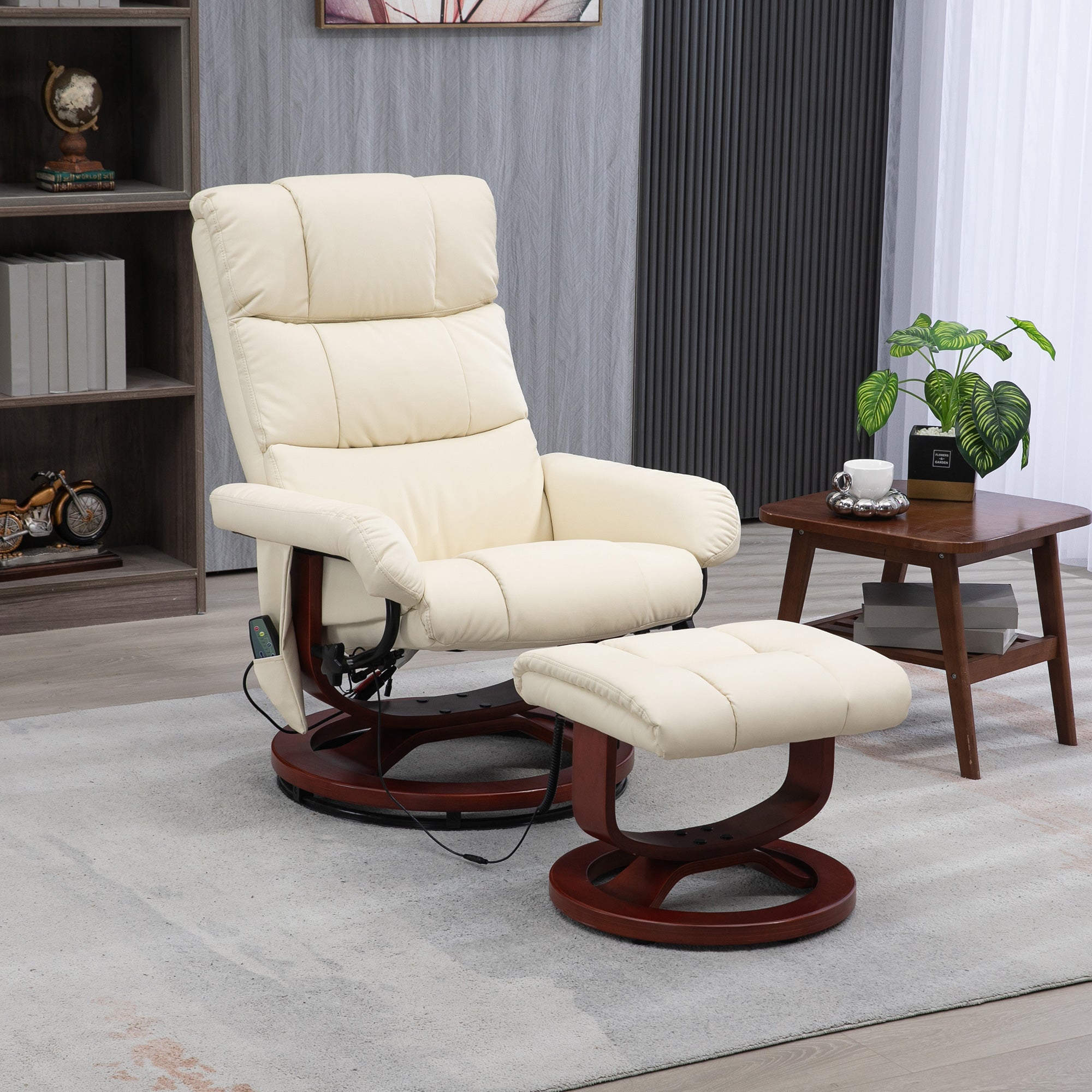 10 Points Massage Recliner Chair with Ottoman, Faux Leather Swivel Recliner, Cream White