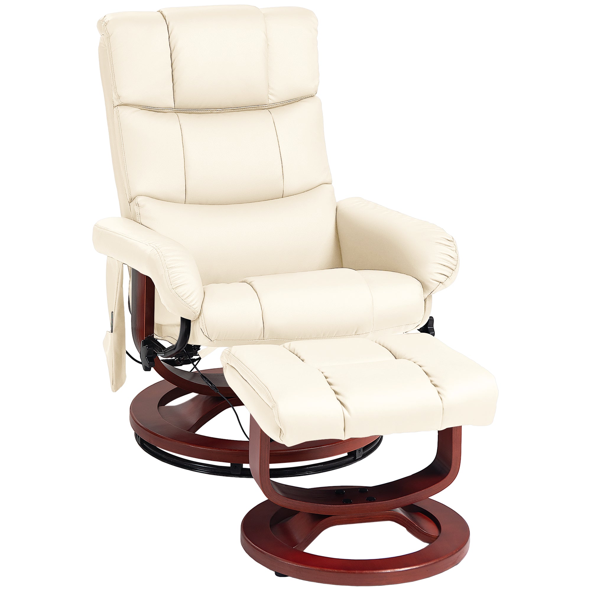 10 Points Massage Recliner Chair with Ottoman, Faux Leather Swivel Recliner, Cream White