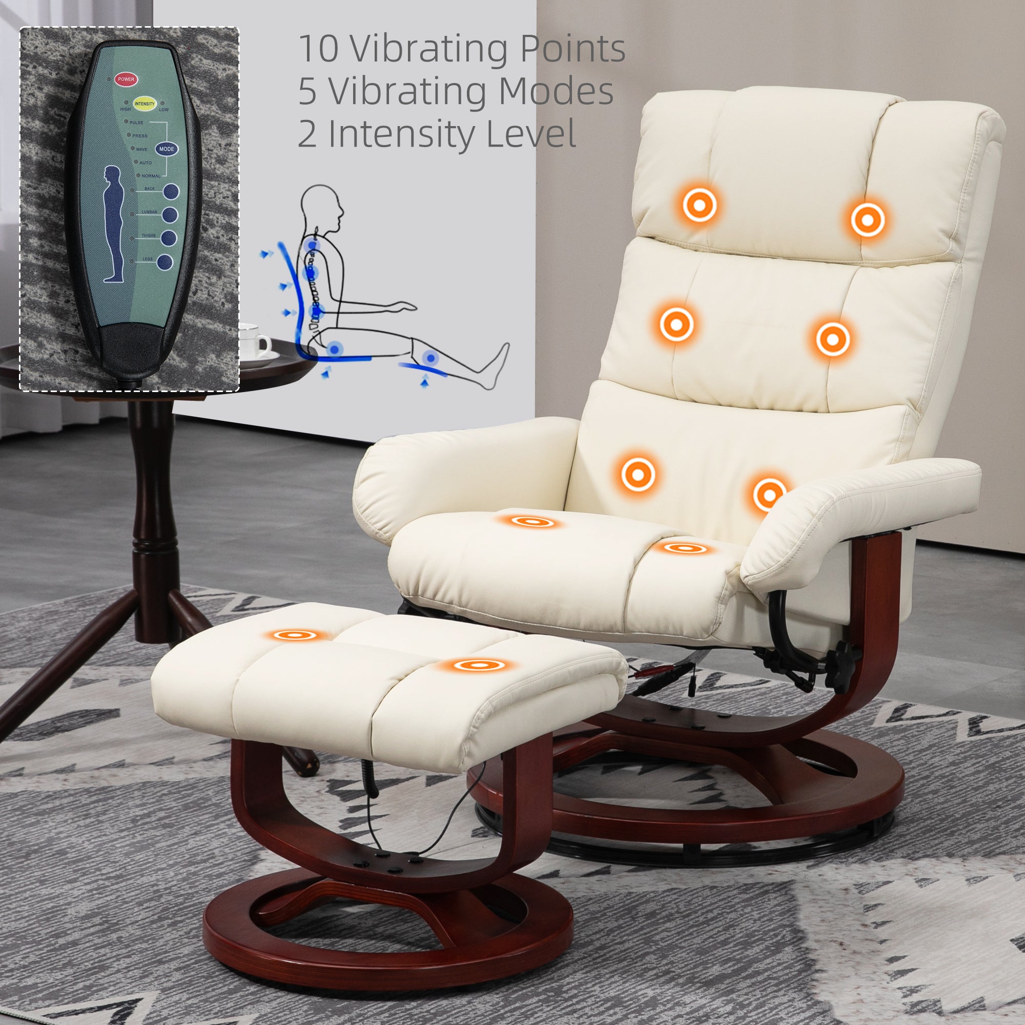 10 Points Massage Recliner Chair with Ottoman, Faux Leather Swivel Recliner, Cream White