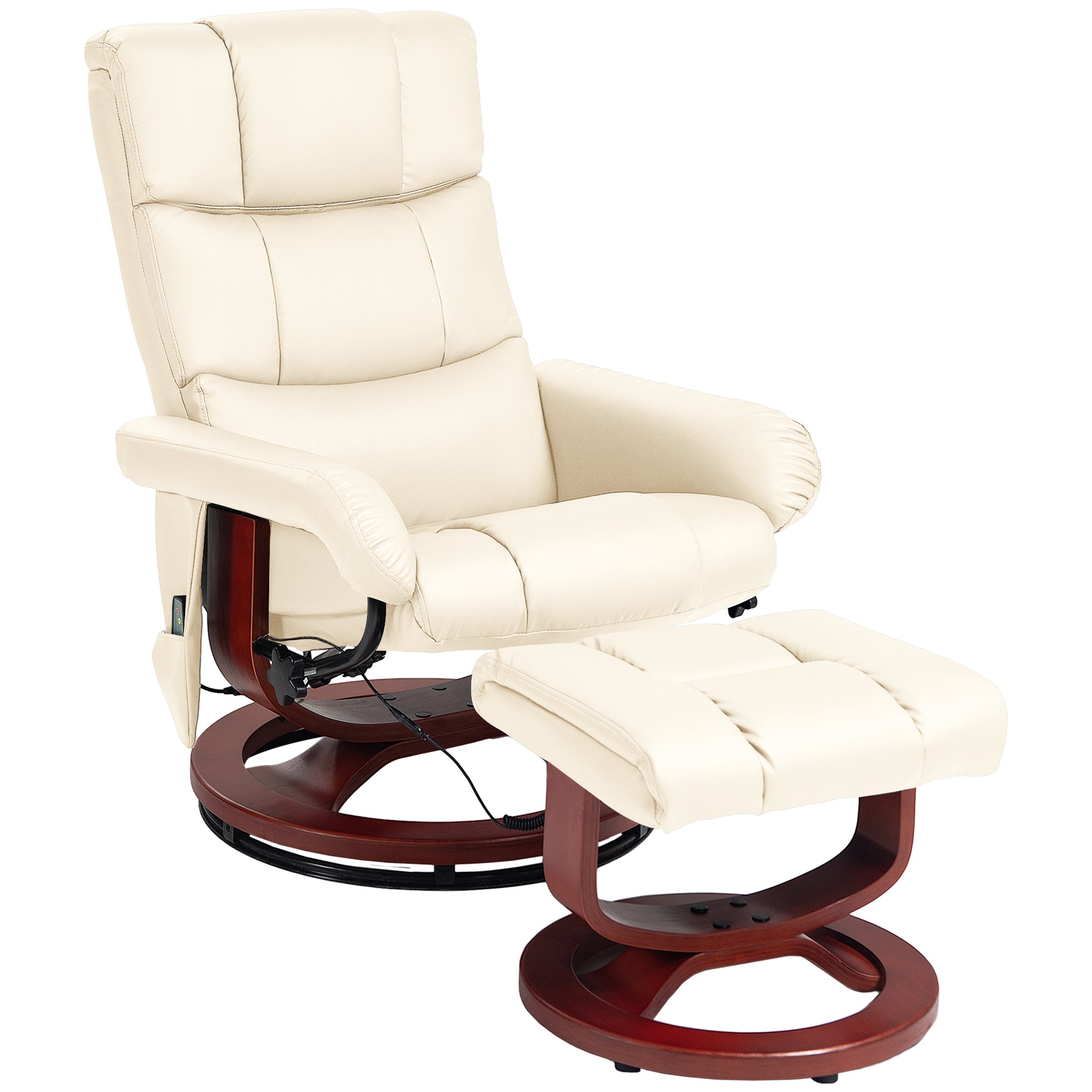 10 Points Massage Recliner Chair with Ottoman, Faux Leather Swivel Recliner, Cream White