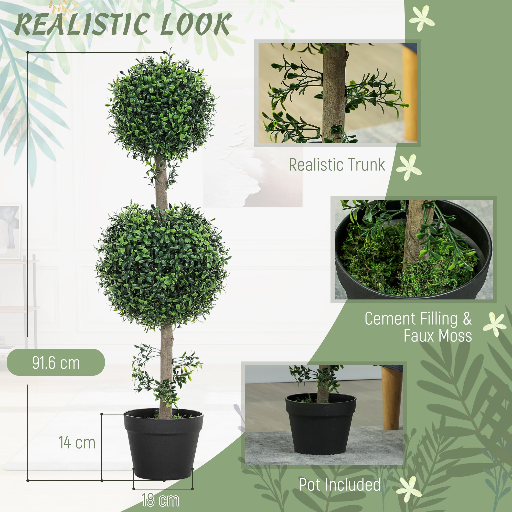 2 Pack Decorative Artificial Plants, Topiary Ball-shaped Boxwood Trees in Pot, Fake Plants for Home Indoor outdoor Decor, 36.1 Inch, Green