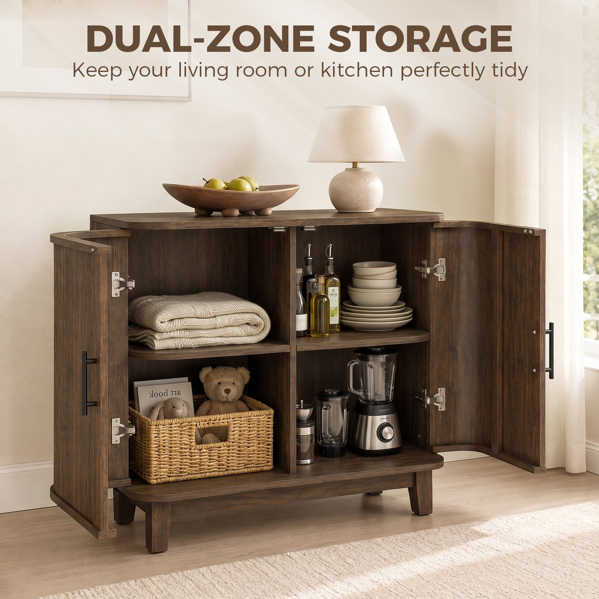 80cm Sideboard Buffet Cabinet, Modern Storage Cabinet with 2 Curved Doors, Adjustable Shelf and Legs for Dining Room, Hallway, Dark Walnut