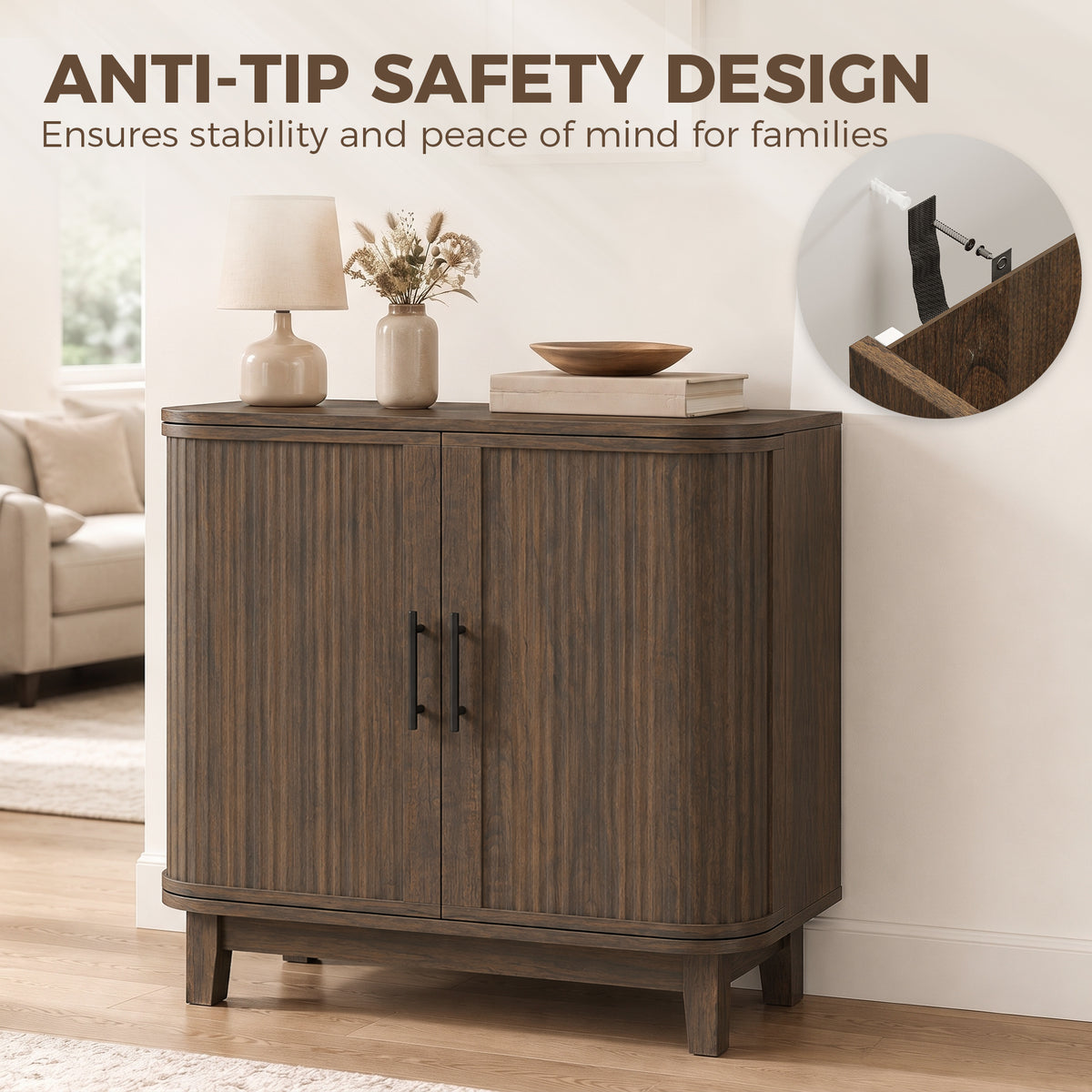 80cm Sideboard Buffet Cabinet, Modern Storage Cabinet with 2 Curved Doors, Adjustable Shelf and Legs for Dining Room, Hallway, Dark Walnut