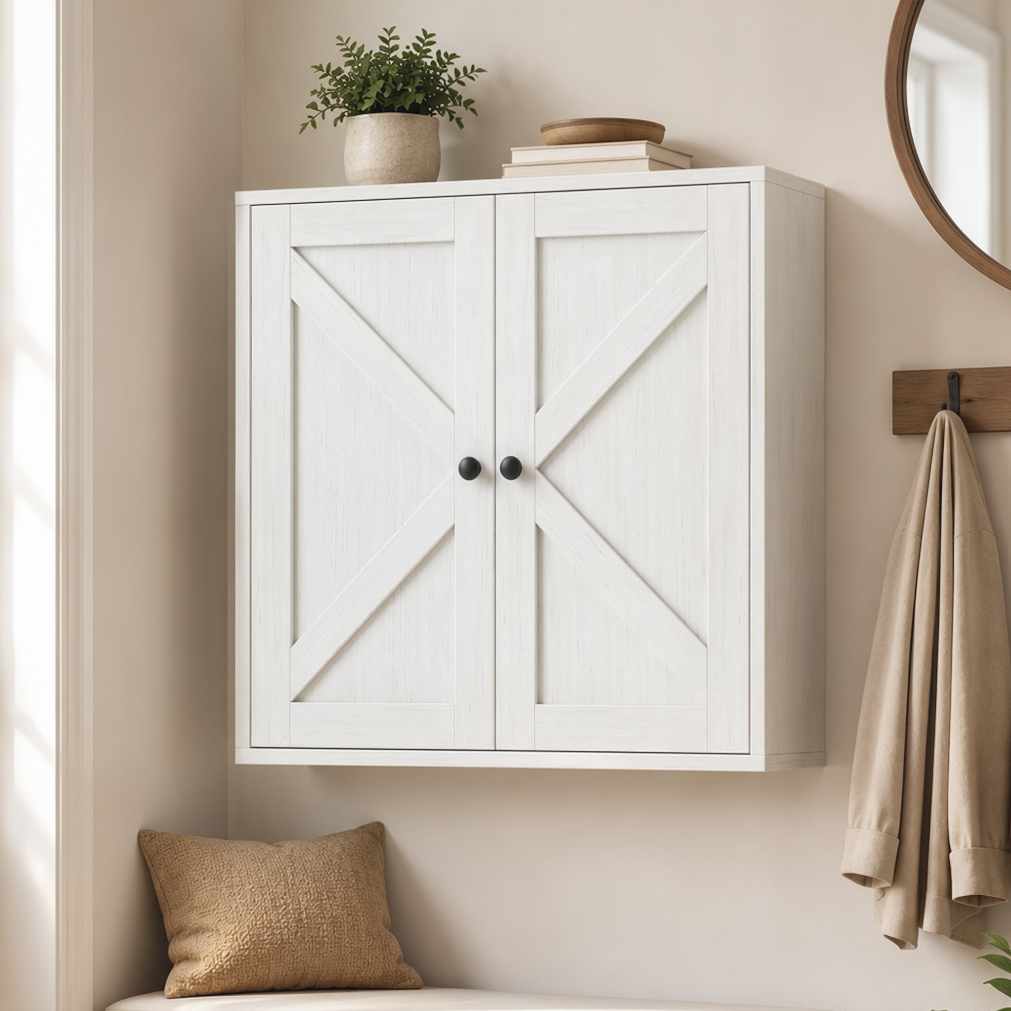 Bathroom Wall Cabinet, Farmhouse Medicine Cabinet, Over The Toilet Space Saver with 2 Shelves, Adjustable Shelf, Barn Doors for Bathroom, Laundry Room, White Wood Grain