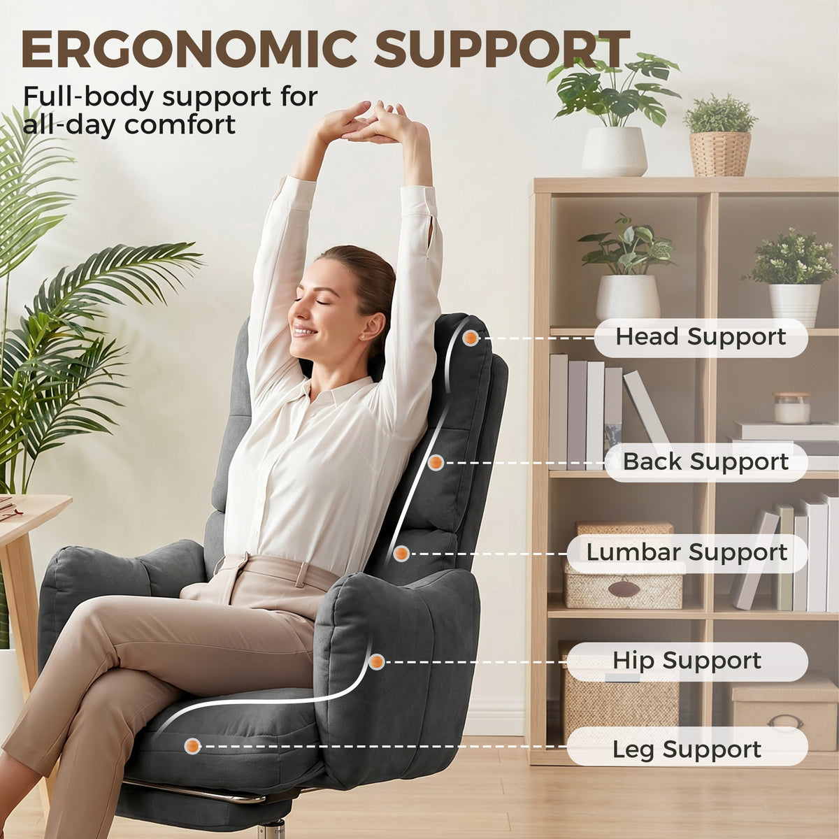 Office Chair with Foot Rest, Ergonomic Reclining Computer Gaming Chair with Snow Flannel Fabric, Thick Cushion, Padded Armrest, High Back and Adjustable Height, Dark Grey