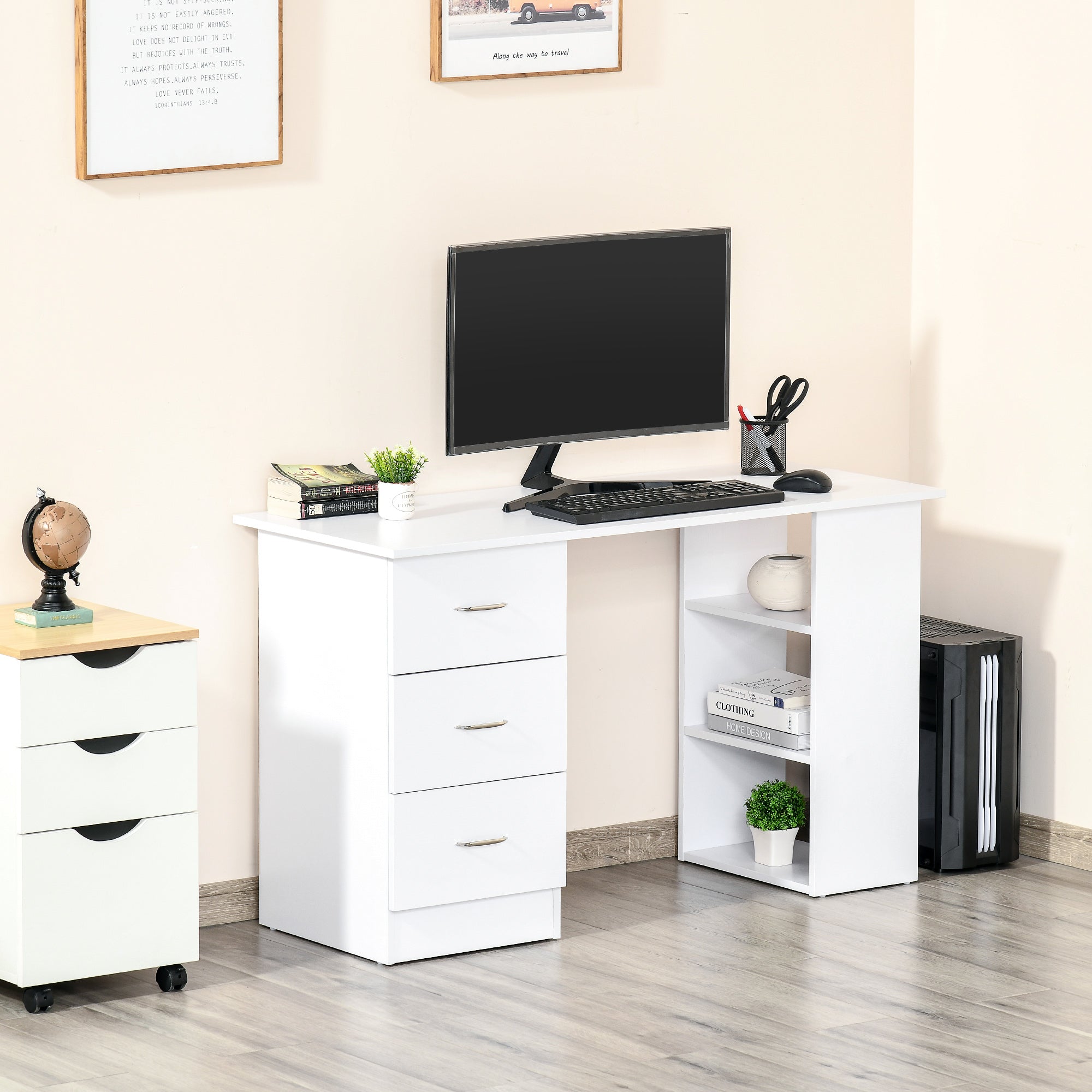 47" Modern Home Office Computer Desk Bookcase Combo with 3 Drawers and Storage Shelf White