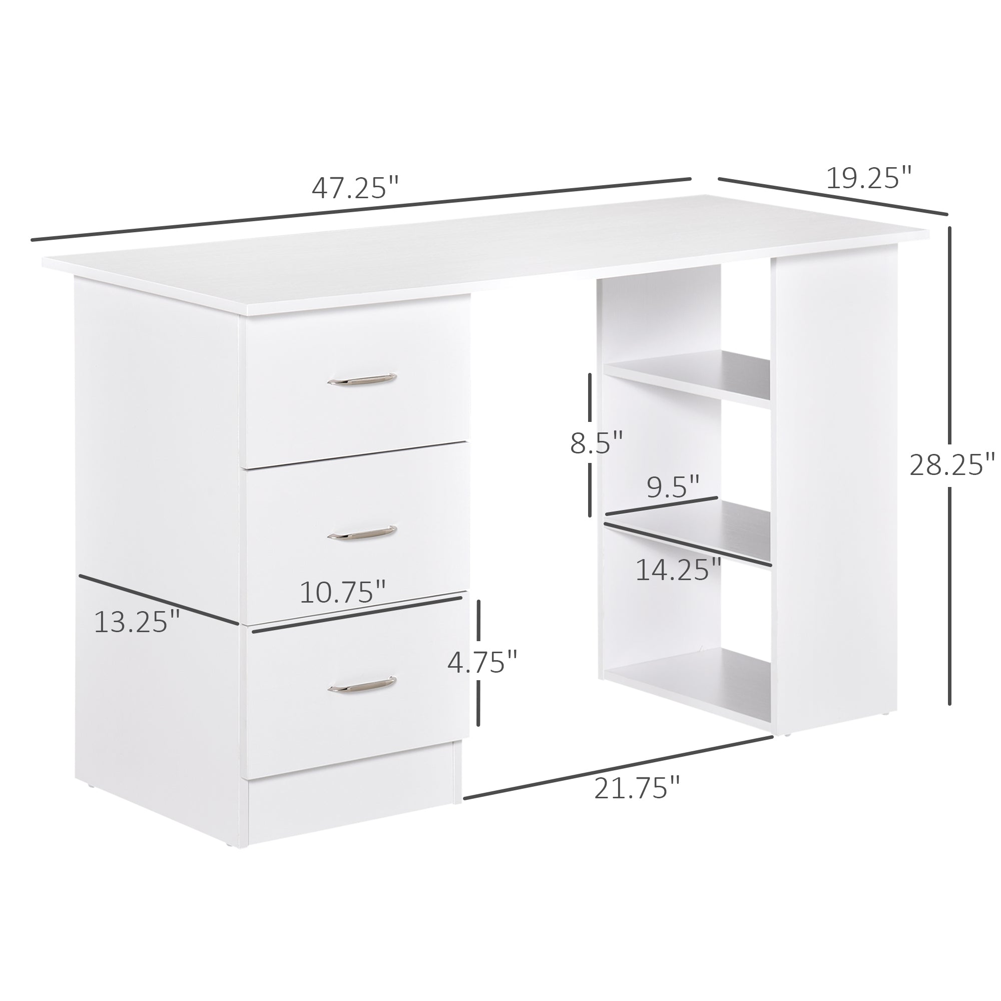 47" Modern Home Office Computer Desk Bookcase Combo with 3 Drawers and Storage Shelf White