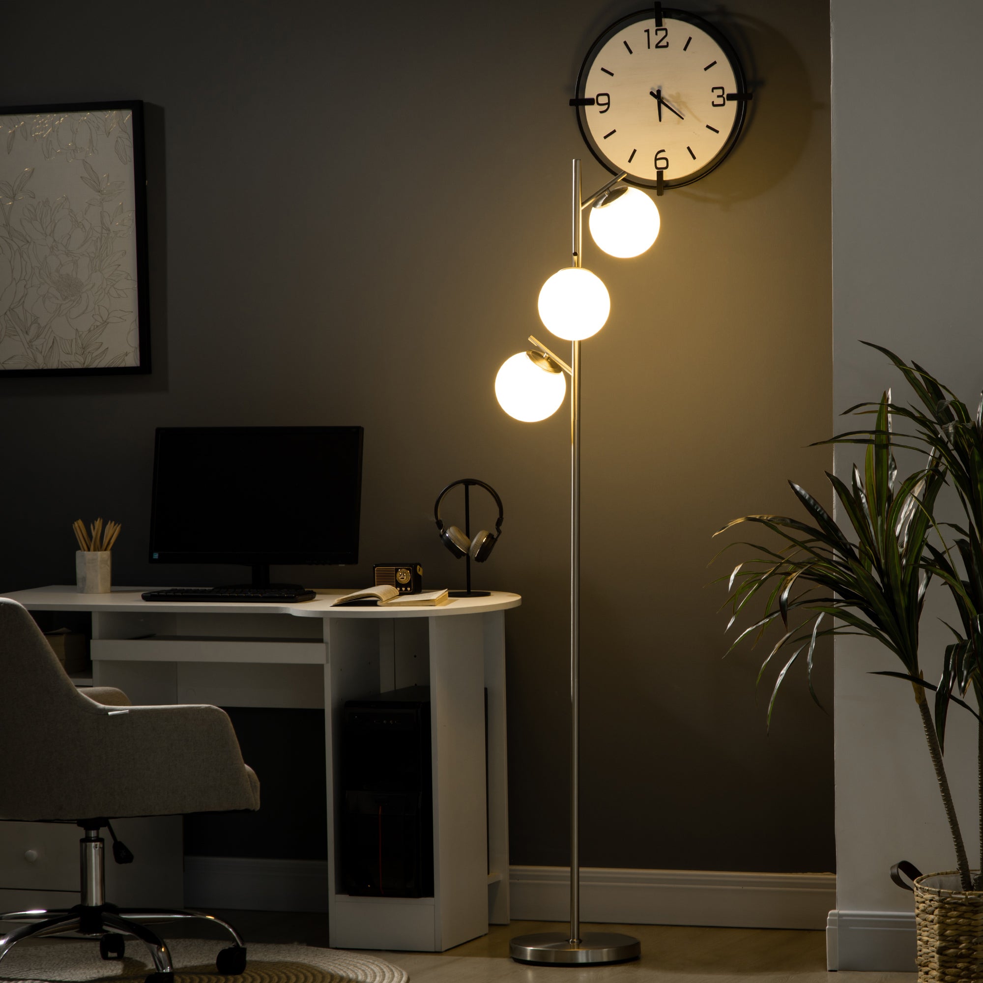 HOMCOM 3-Light Tree Floor Lamps for Living Room, Modern Standing Lamp for Bedroom with Globe Lampshade, Steel Base, Bulb not Included, Silver