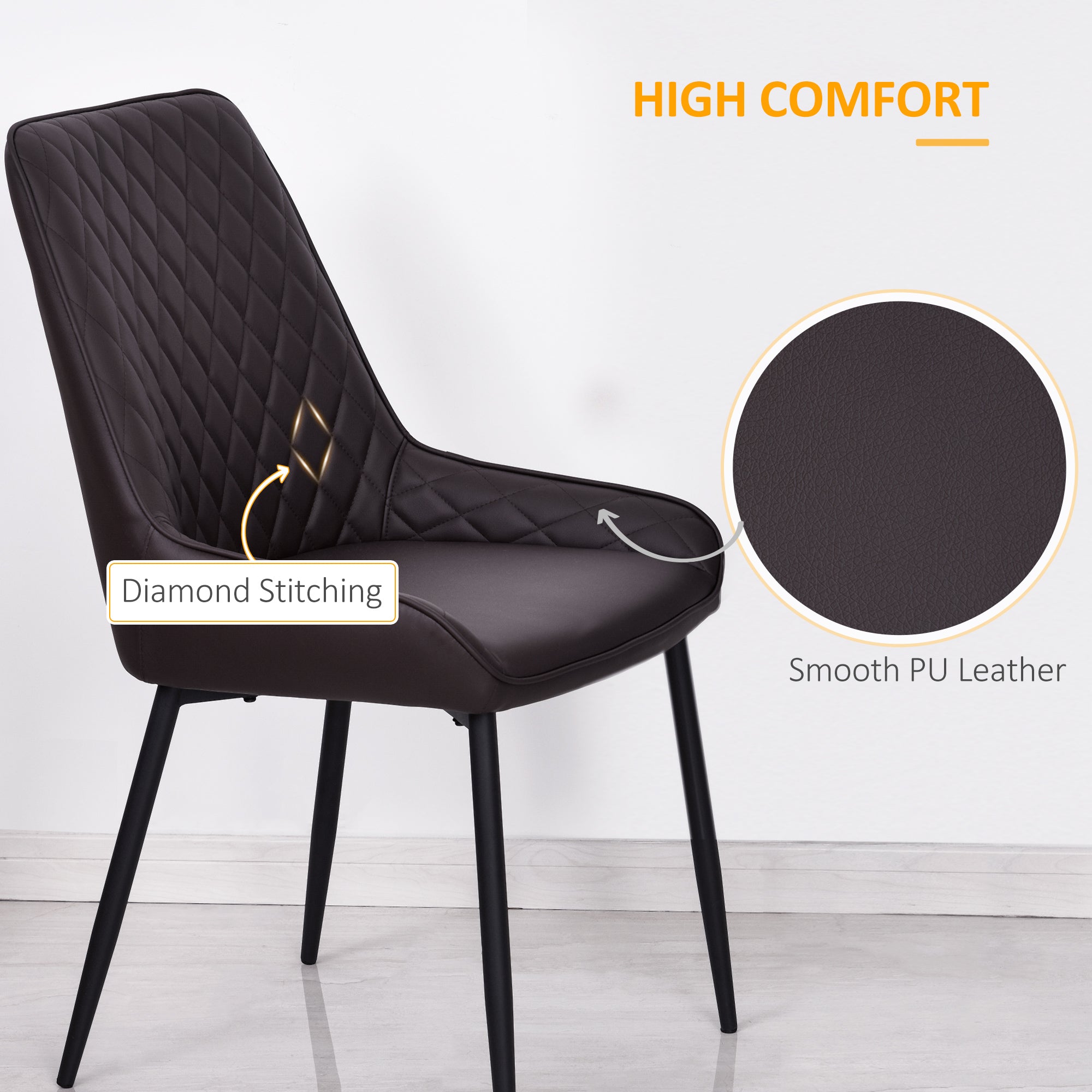 HOMCOM Dining Chairs Set of 2, Modern PU Leather Upholstered Kitchen Chairs with Diamond Tufted Backs and Steel Legs for Living Room, Dining Room, Bedroom, Brown