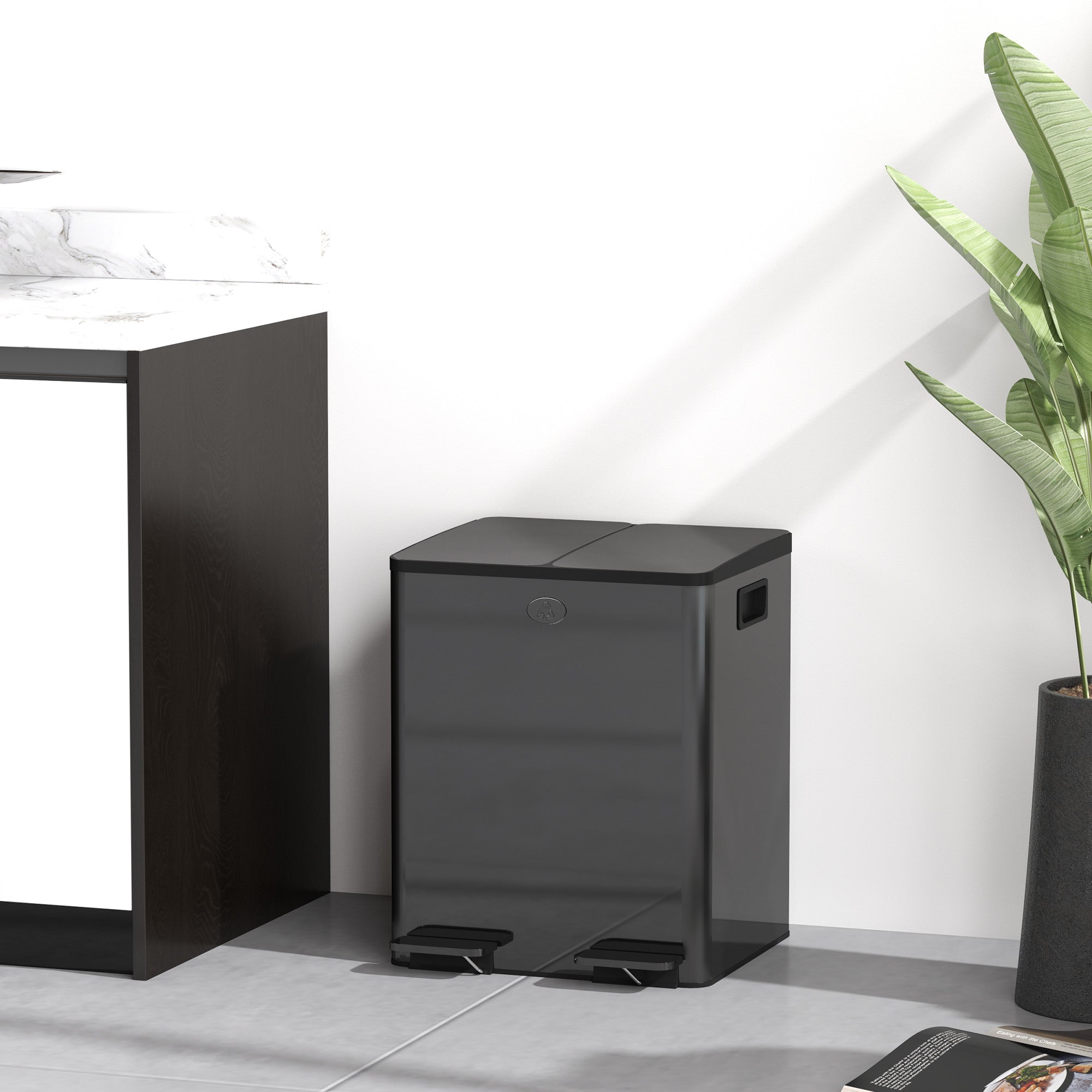 HOMCOM Dual Kitchen Bin, 2 x 20L Pedal Bin, Stainless Steel Double Rubbish Bin with Soft Close Lid, Removable Inner Buckets, Fingerprint-Proof for Recycling and Waste, Black