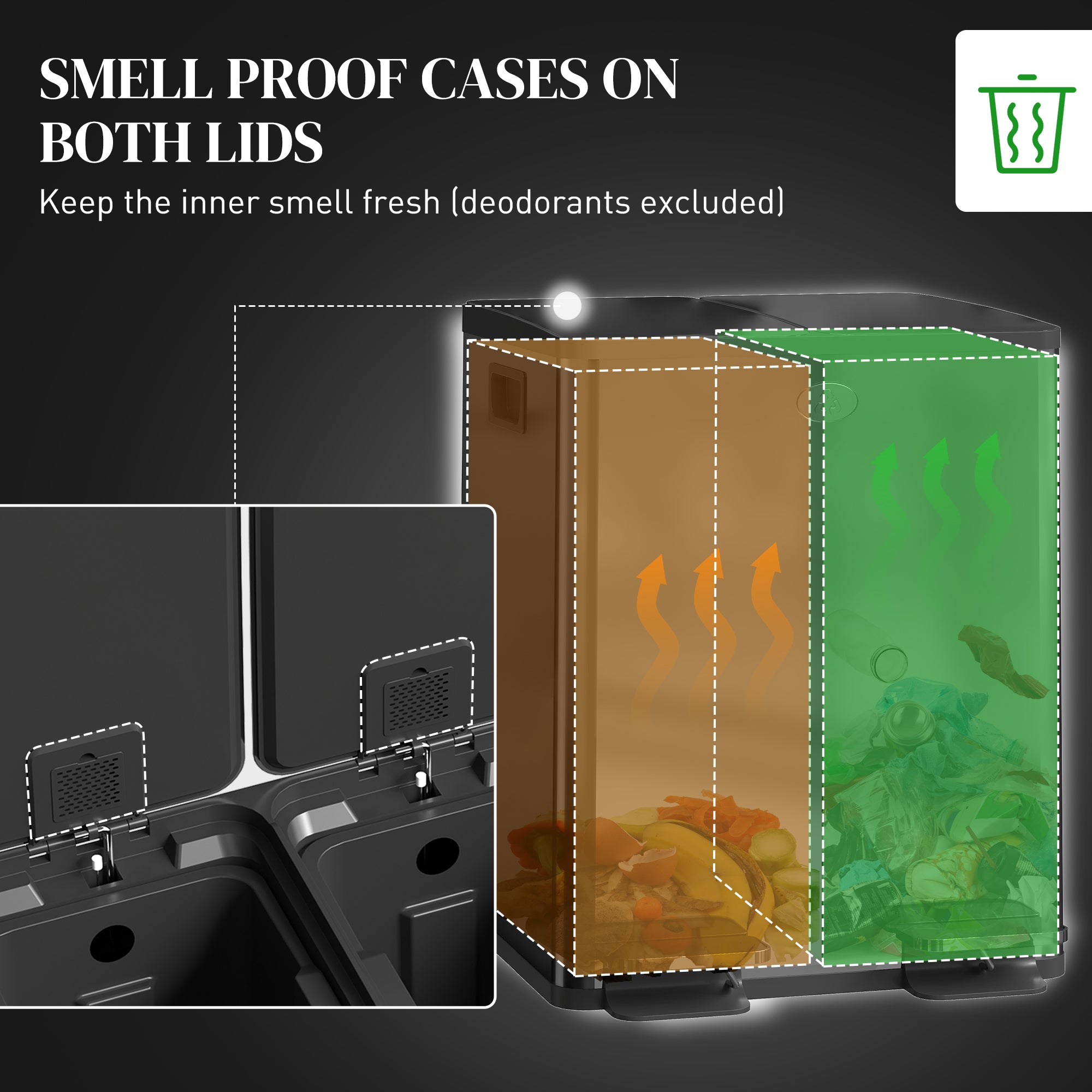 HOMCOM Dual Kitchen Bin, 2 x 20L Pedal Bin, Stainless Steel Double Rubbish Bin with Soft Close Lid, Removable Inner Buckets, Fingerprint-Proof for Recycling and Waste, Black