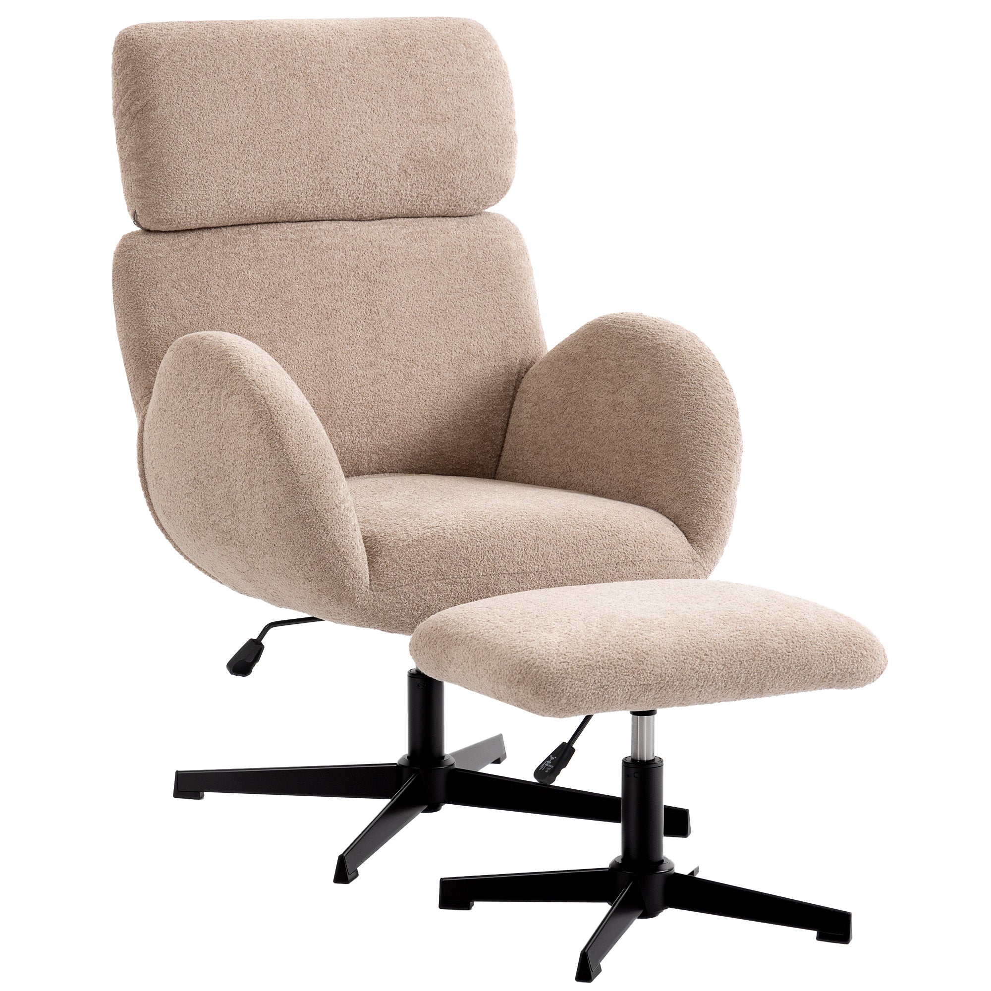 Swivel Armchair and Footstool Set, Raindrop Velvet Height Adjustable Accent Chair with Adjustable Headrest, Rocking Function, Wide Back, Modern Lounge Chair for Living Room, Light Brown