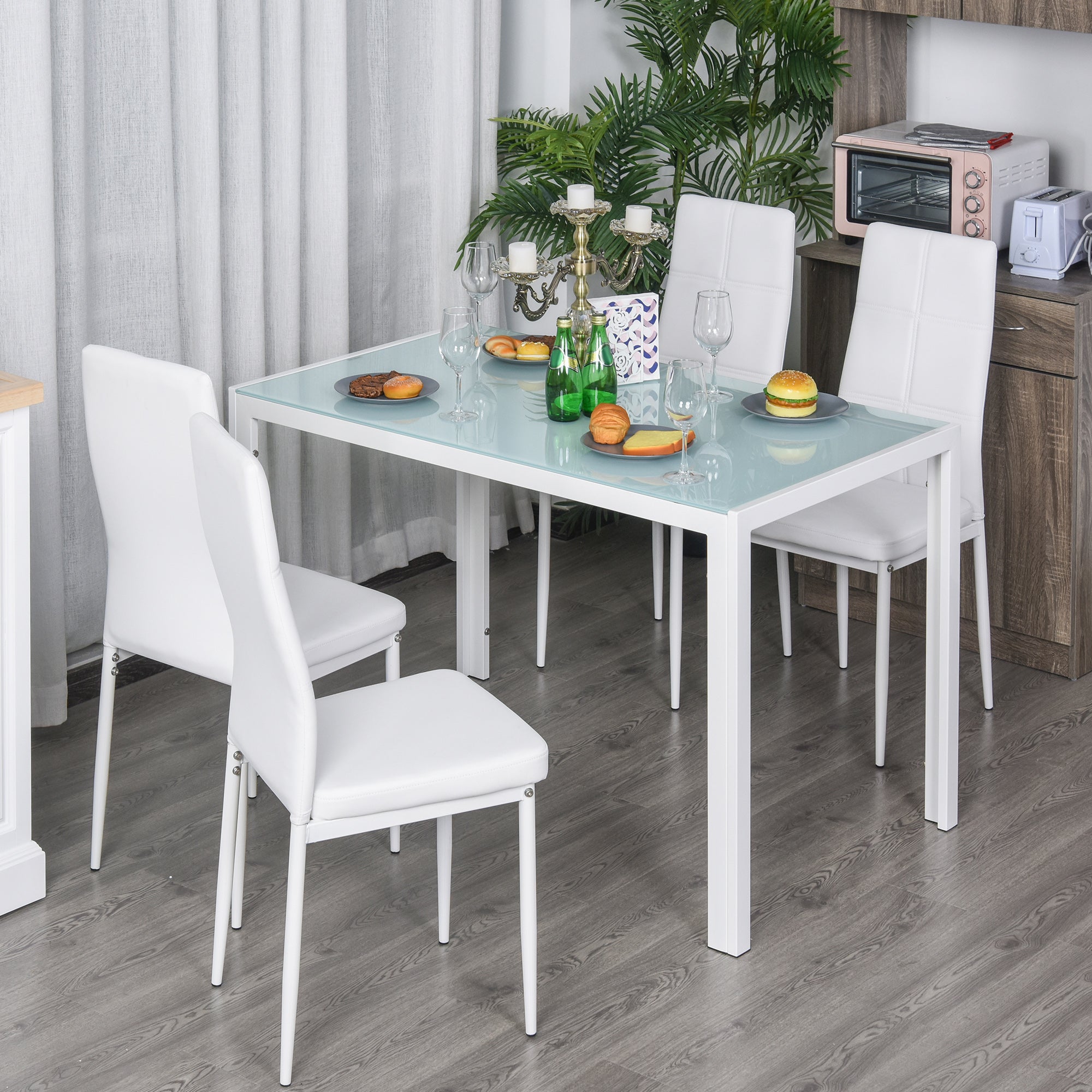 HOMCOM Dining Table Set for 4, 5-Piece Rectangular Glass Kitchen Table and Chairs with Metal Frame and Faux Leather Upholstery for Dining Room, Living Room, White