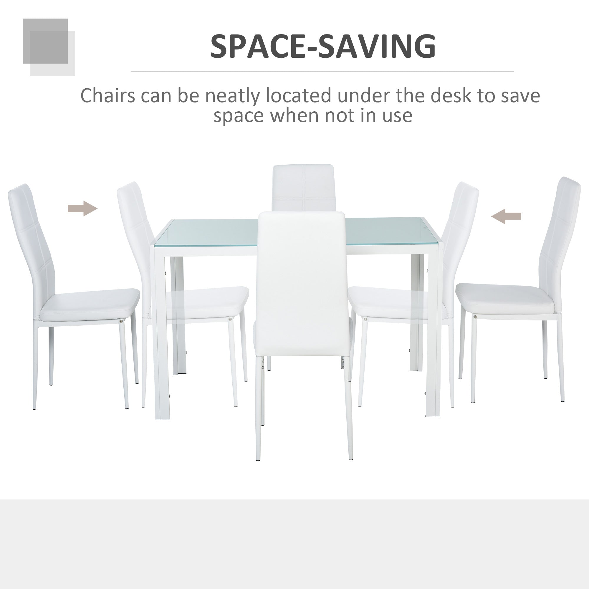 HOMCOM Dining Table Set for 4, 5-Piece Rectangular Glass Kitchen Table and Chairs with Metal Frame and Faux Leather Upholstery for Dining Room, Living Room, White