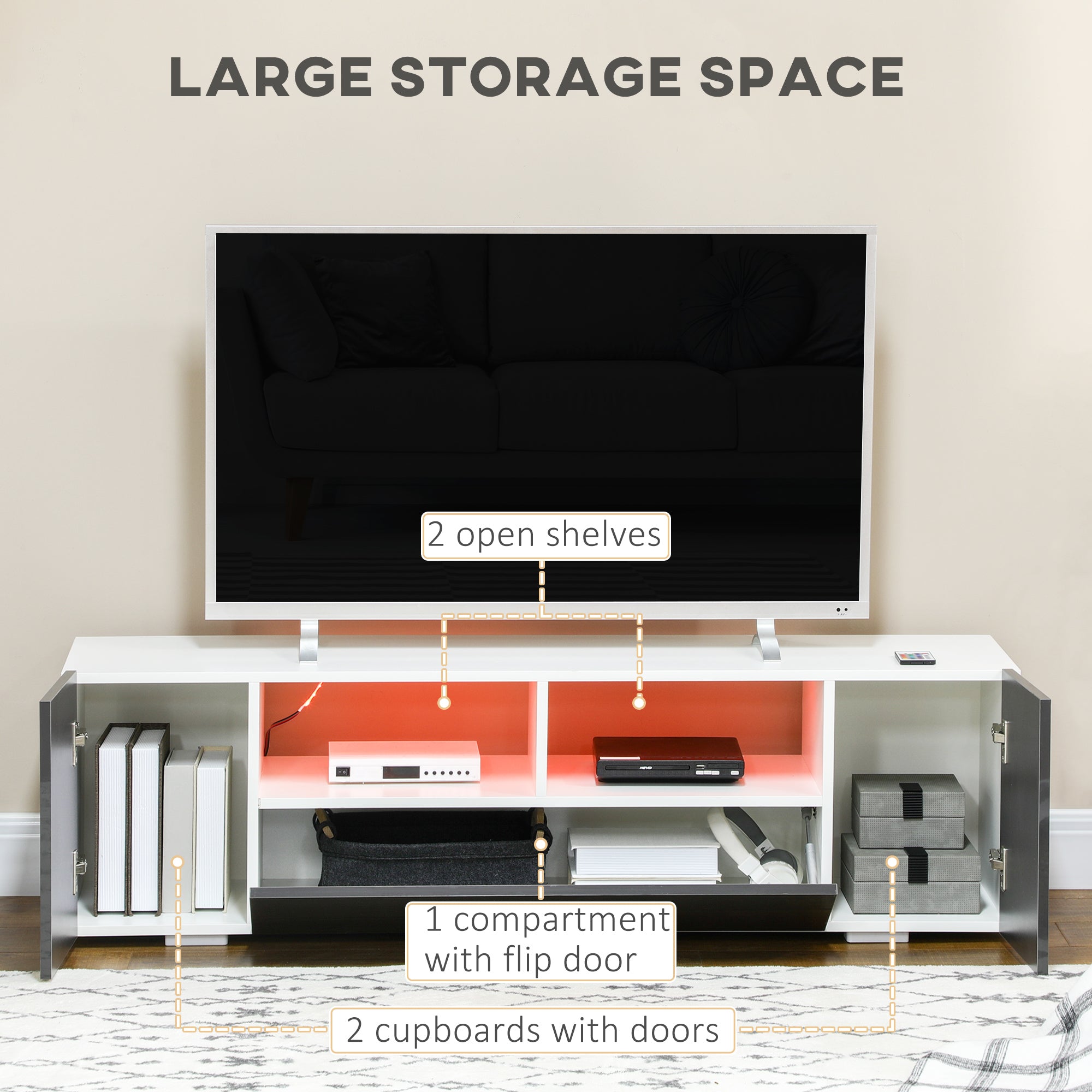 HOMCOM High Gloss TV Unit Cabinet for TVs up to 60" with LED Lights, TV Stand with Storage Shelves and Cupboards, Grey