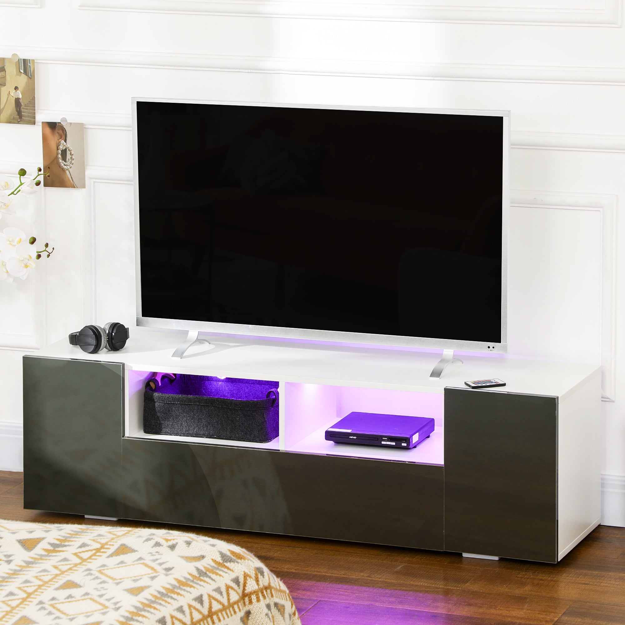 HOMCOM High Gloss TV Unit Cabinet for TVs up to 60" with LED Lights, TV Stand with Storage Shelves and Cupboards, Grey