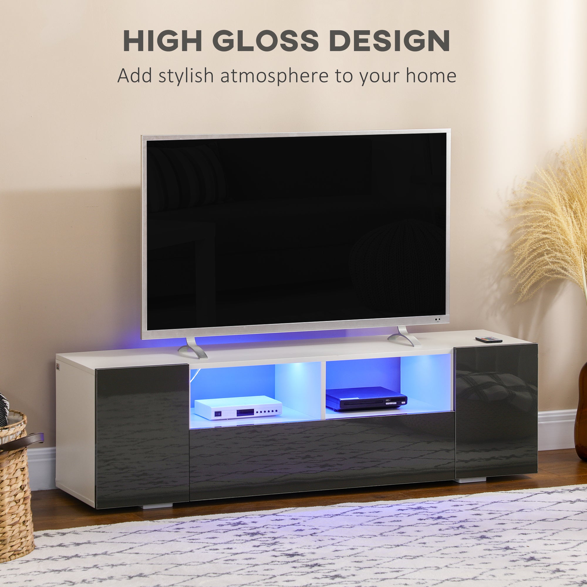 HOMCOM High Gloss TV Unit Cabinet for TVs up to 60" with LED Lights, TV Stand with Storage Shelves and Cupboards, Grey